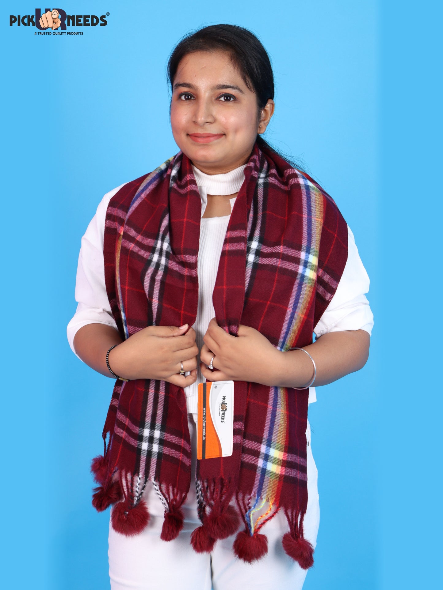 Pick Ur Needs Women’s Winter Scarf for Stylish & Comfortable Girls Wear Soft Warm Printed Muffler with Fringe & Pom Pom Detailing