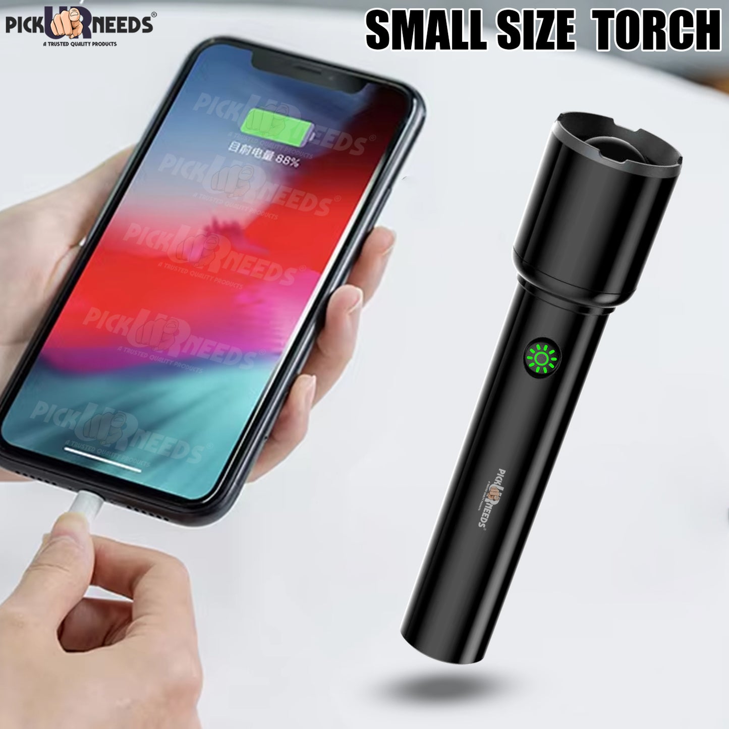 Pick Ur Needs Rechargeable Torch Light Adjustable Focus 3 Mode LED 50 Watt High Brightness LED Torch  (Black, 17 cm, Rechargeable)