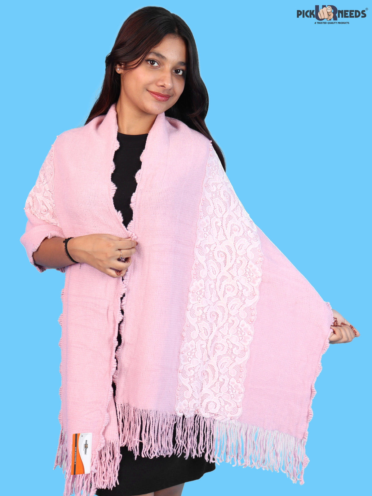 Pick Ur Needs Girls & Womens Shawl with Embroidered Lace Work, Bead Detailing and Fringe Tassels, Elegant Woollen Winter Stole