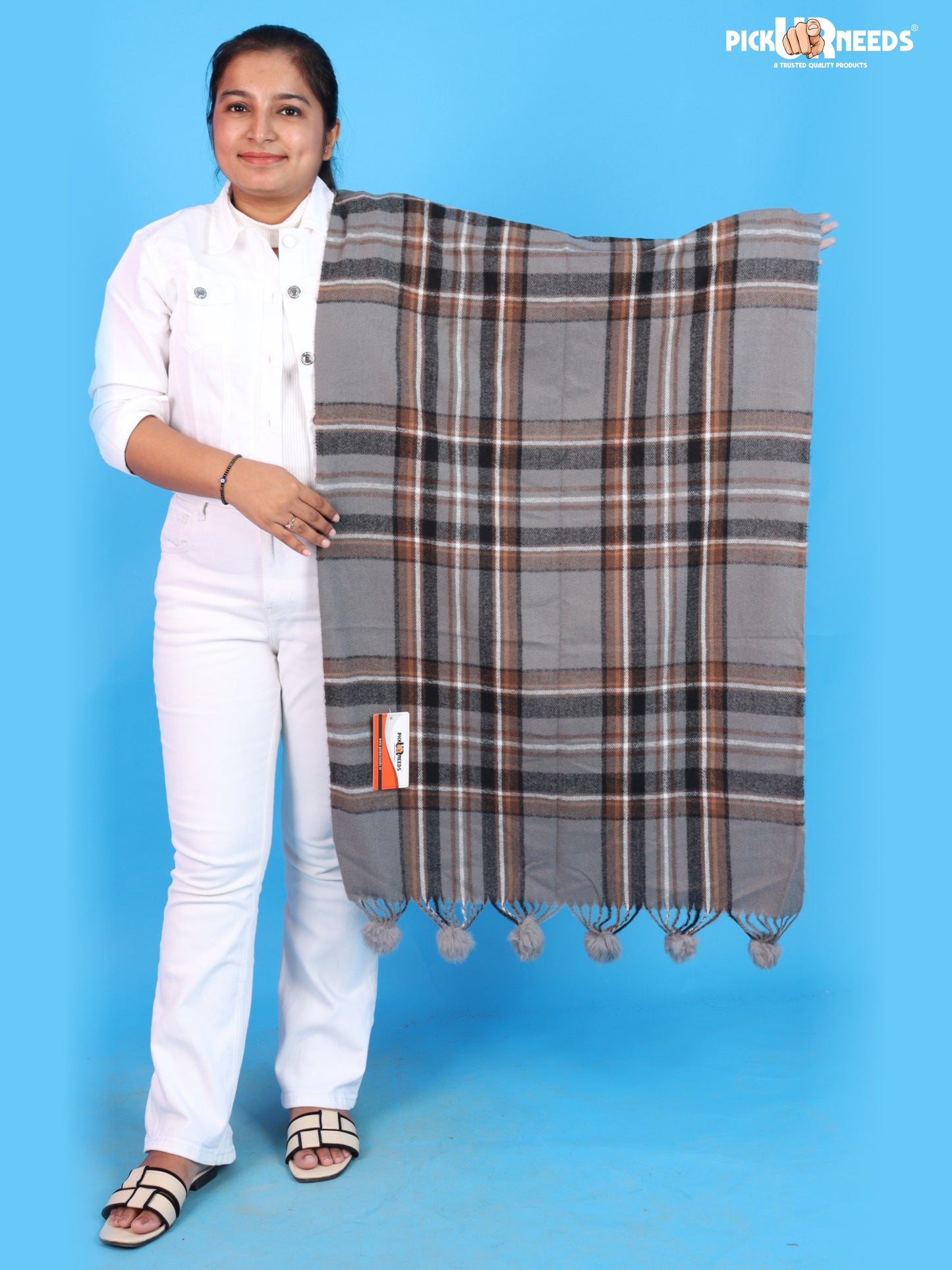 Pick Ur Needs Premium Womens Fashion Stole with Contemporary Check Weave, Decorative Fur Pom Tassels & Multi-Style Winter Wrap Shawl