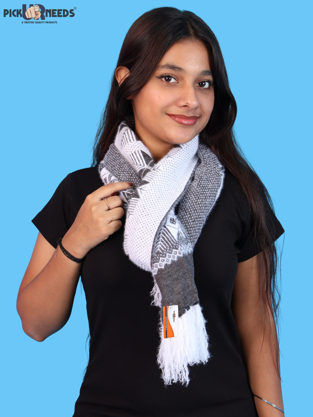 Pick Ur Needs Women & Girls Reversible Knitted Winter Muffler, Soft Warm Woollen Scarf with Geometric Pattern and Tassels, Lightweight Dual-Sided Winter Wrap