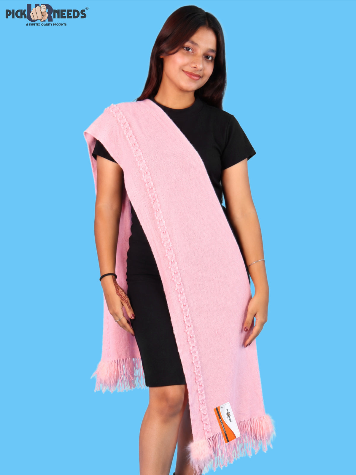 Pick Ur Needs Women & Girls Elegant Woolen Shawl with Beaded Border & Fringed Ends, Soft Warm Lightweight Winter Wrap Stole