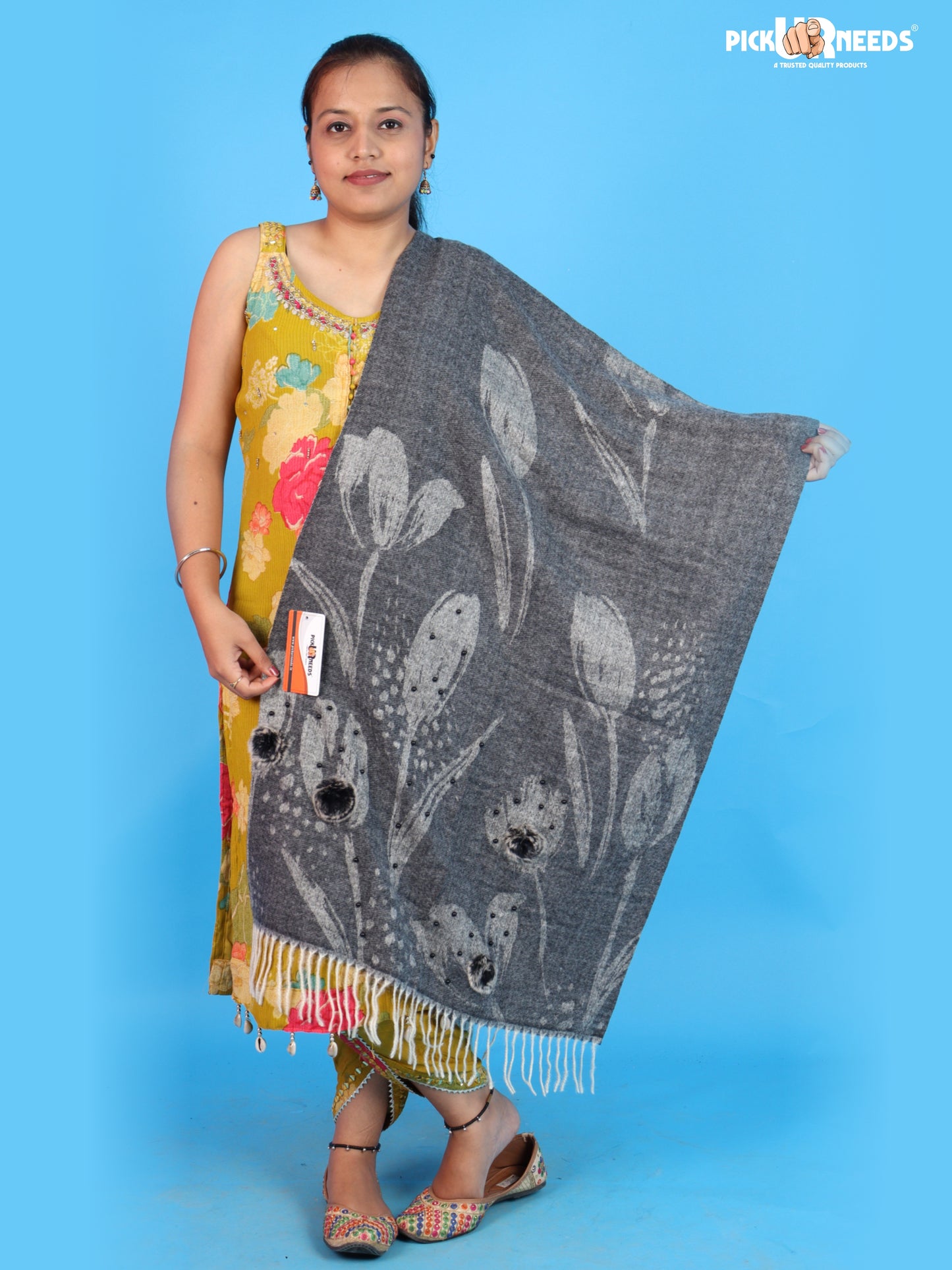 Pick Ur Needs Ladies Premium Printed Winter Shawl with Floral Pattern, Decorative Bead Detailing, Soft Warm Wrap with Fringe Tassels for Women & Girls