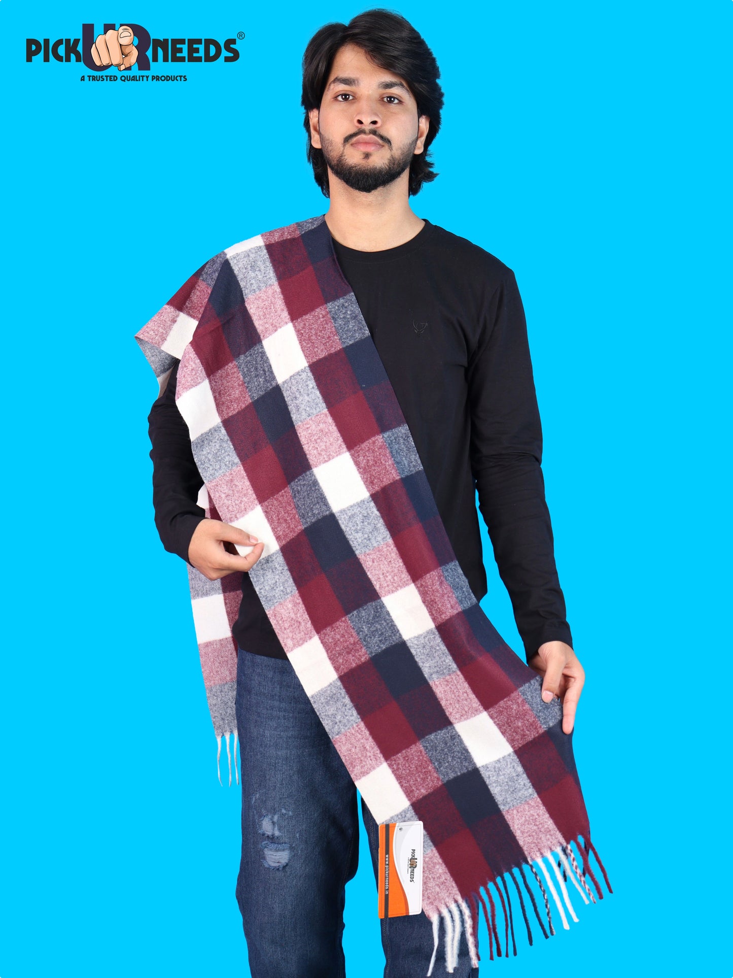 Pick Ur Needs Men’s Winter Muffler Shawl Soft Warm Checkered Scarf with Fringes  Stylish Neck Wrap for Men & Boys  Winter Wear Accessory