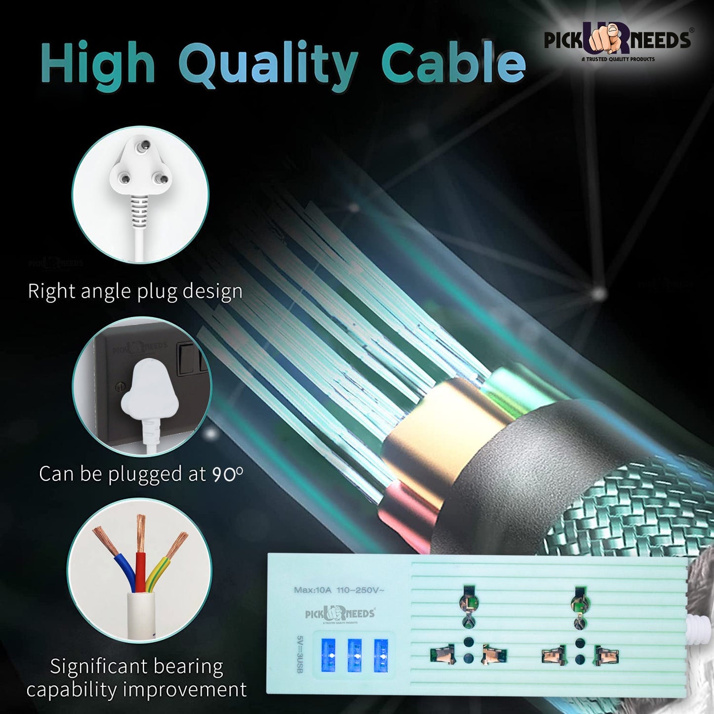 Pick Ur Needs Extension Cord 10A with Universal 2 Socket & 3 USB Port Extension Boards for Multiple Use