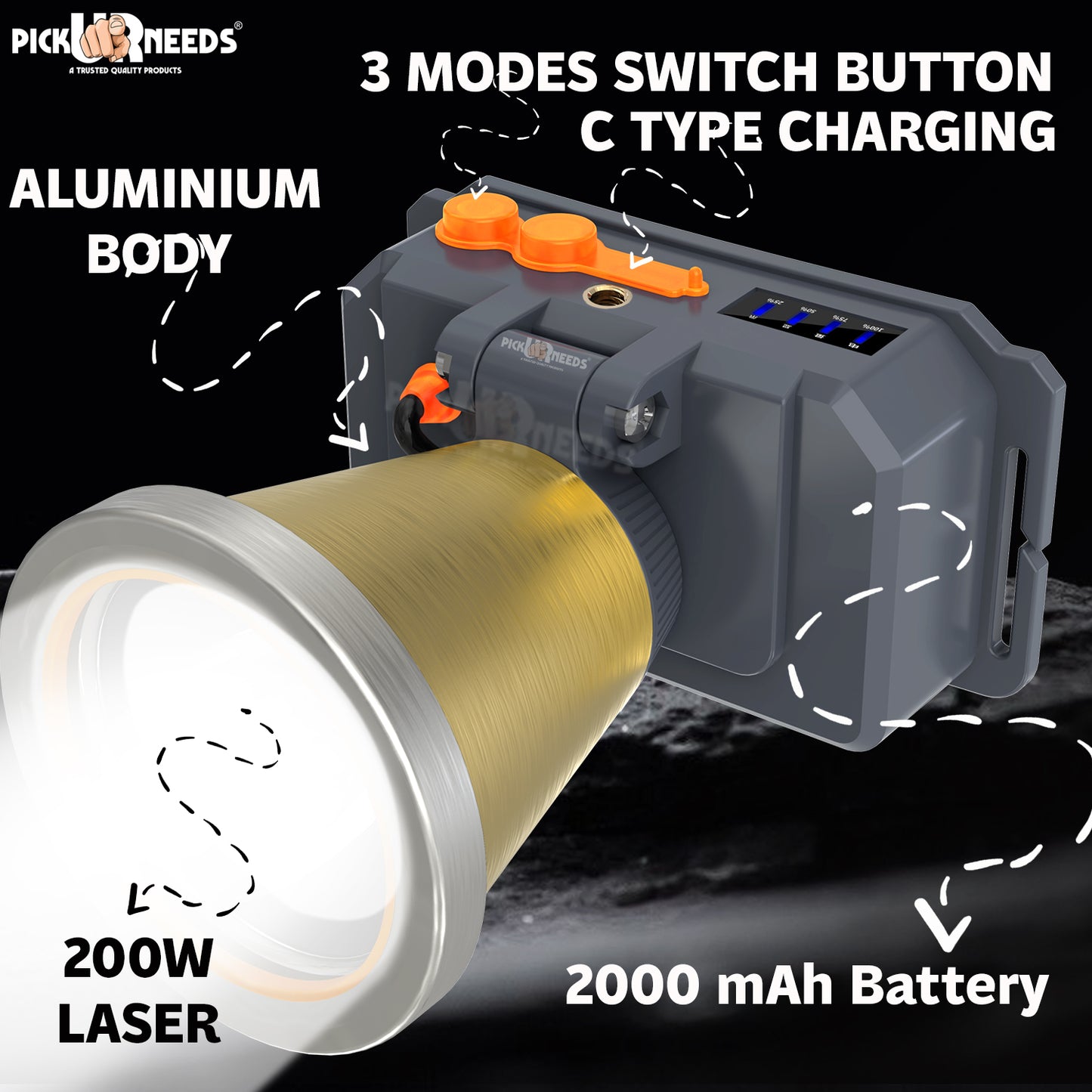 Pick Ur Needs Chargeable Head Lamp 3 Blink Mode Aluminum Body 4000mAh Battery 200W Bright LED 5 hrs Torch Emergency Light