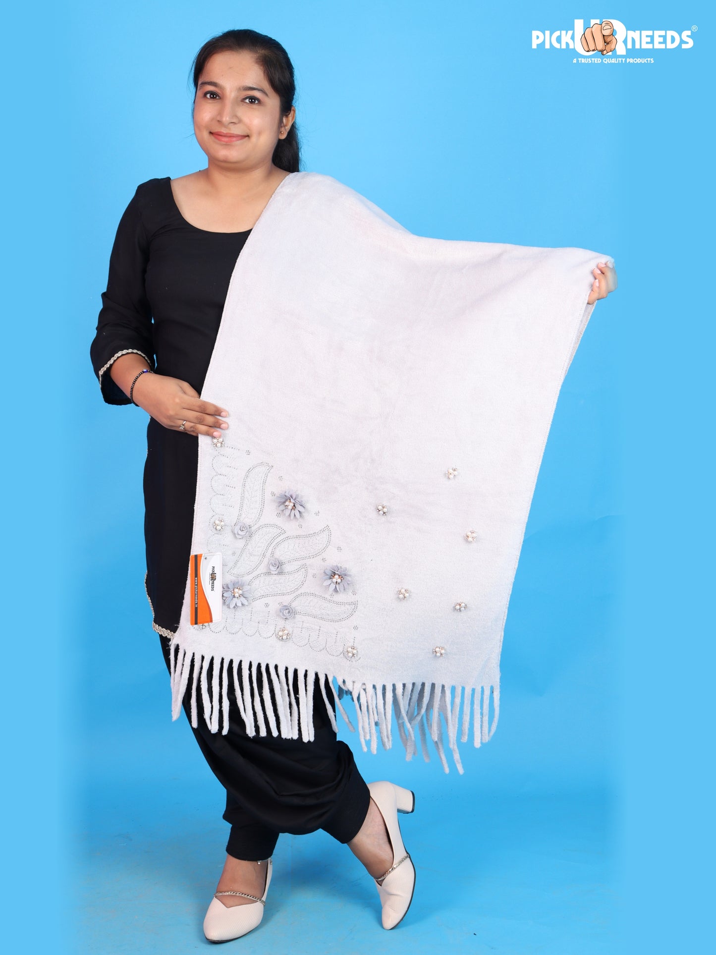 Pick Ur Needs Girls Embroidered Shawl Stylish Floral Embellished Winter Stole with Decorative Fringe Tassels Elegant Shoulder Wrap for Women