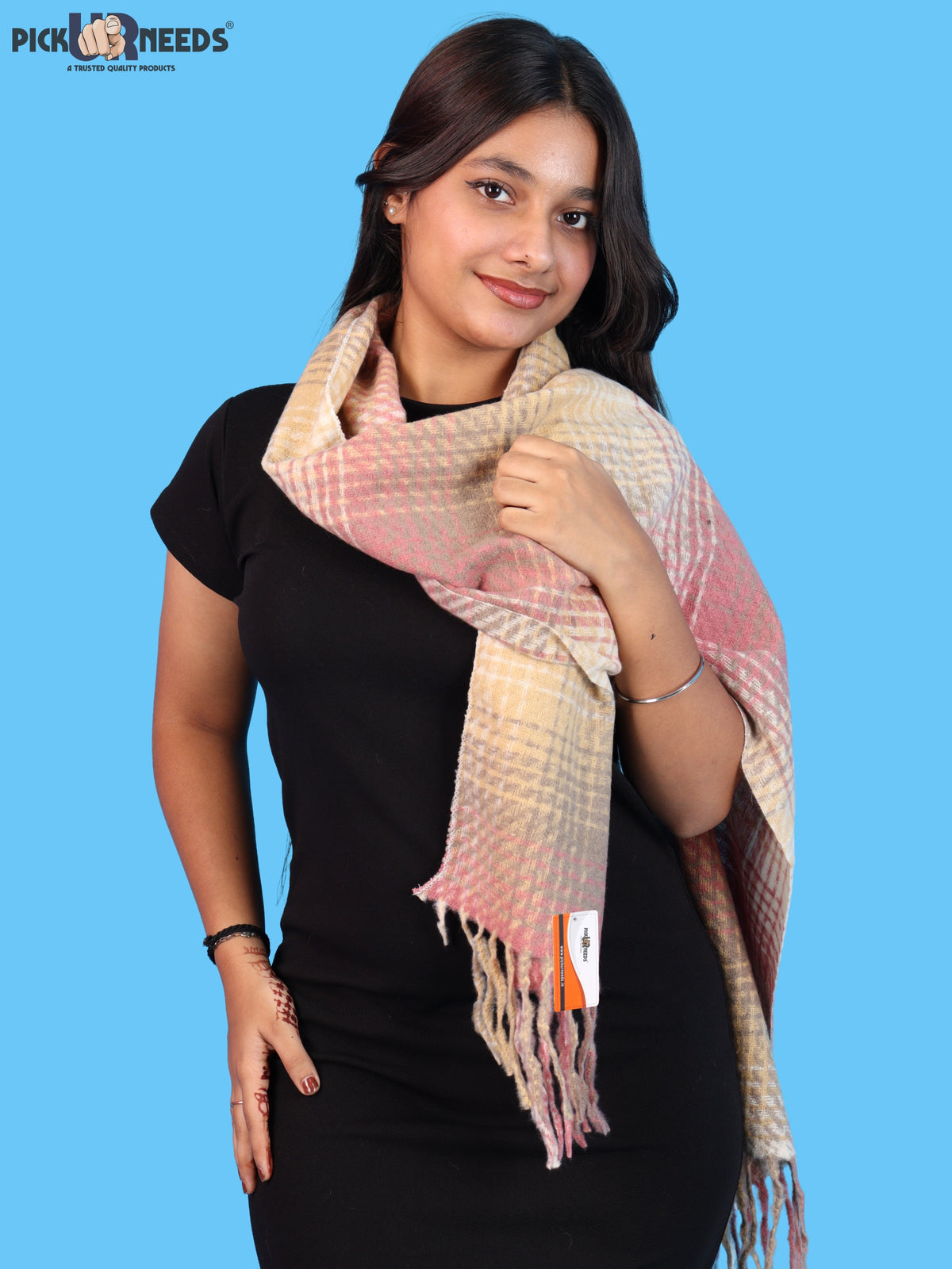 Pick Ur Needs Soft Woolen Girl's Muffler Scarf with Elegant Check Pattern,Warm & Cozy Winter Neck Wrap, Stylish Fringed Stole for Women & Girls