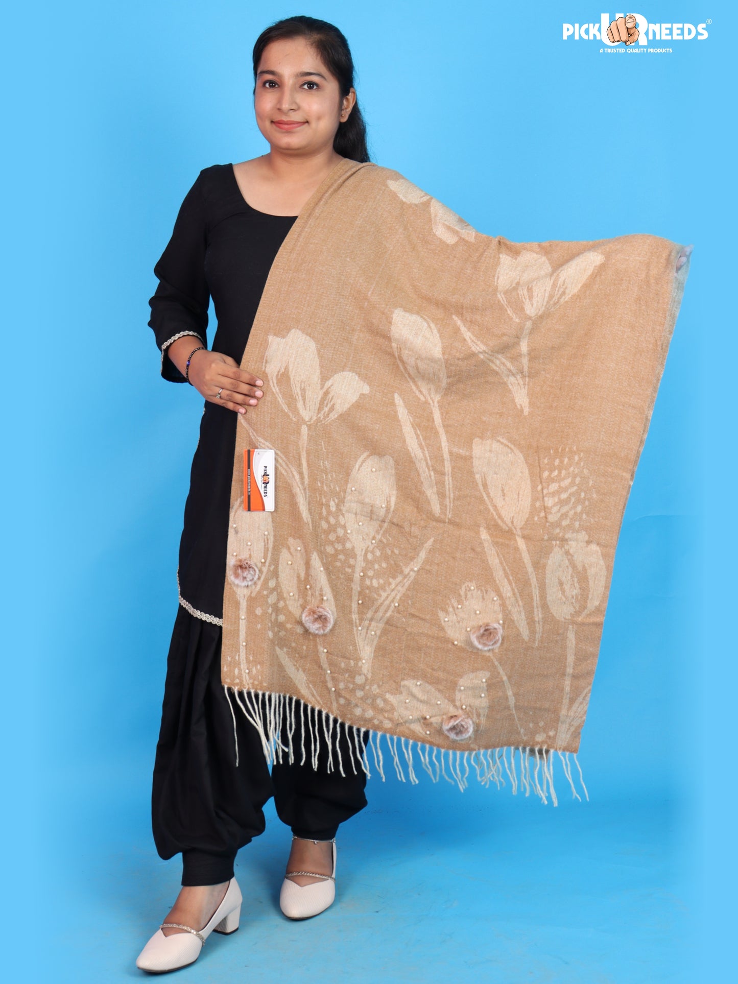 Pick Ur Needs Ladies Premium Printed Winter Shawl with Floral Pattern, Decorative Bead Detailing, Soft Warm Wrap with Fringe Tassels for Women & Girls