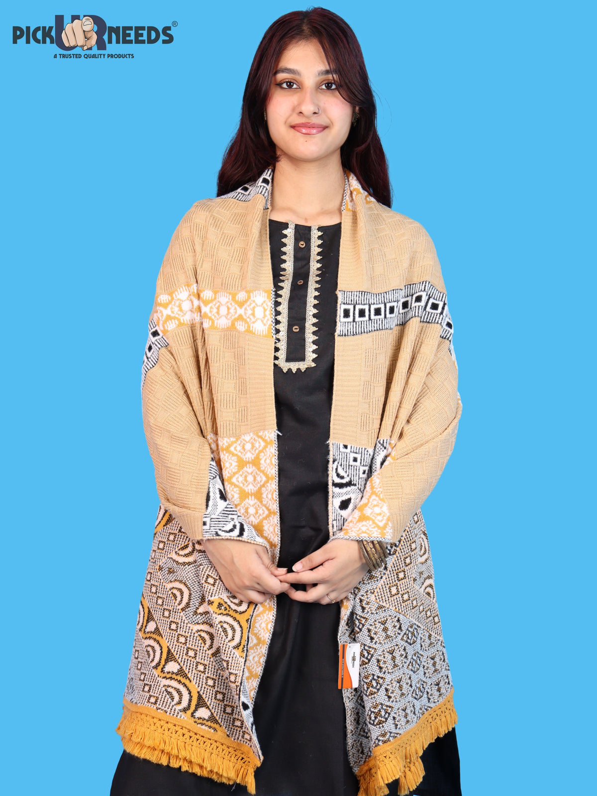 Pick Ur Needs Winter Girls & Womens Woolen Shawl, Soft Warm Printed Wrap with Elegant Pattern & Fringe Border