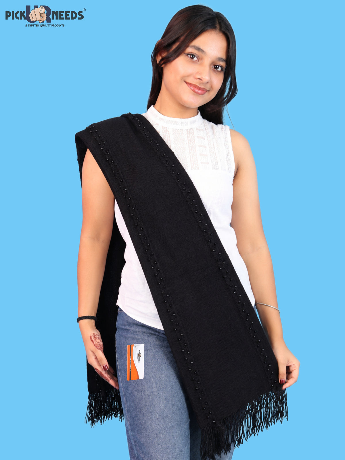 Pick Ur Needs Women & Girls Elegant Woolen Shawl with Beaded Border & Fringed Ends, Soft Warm Lightweight Winter Wrap Stole