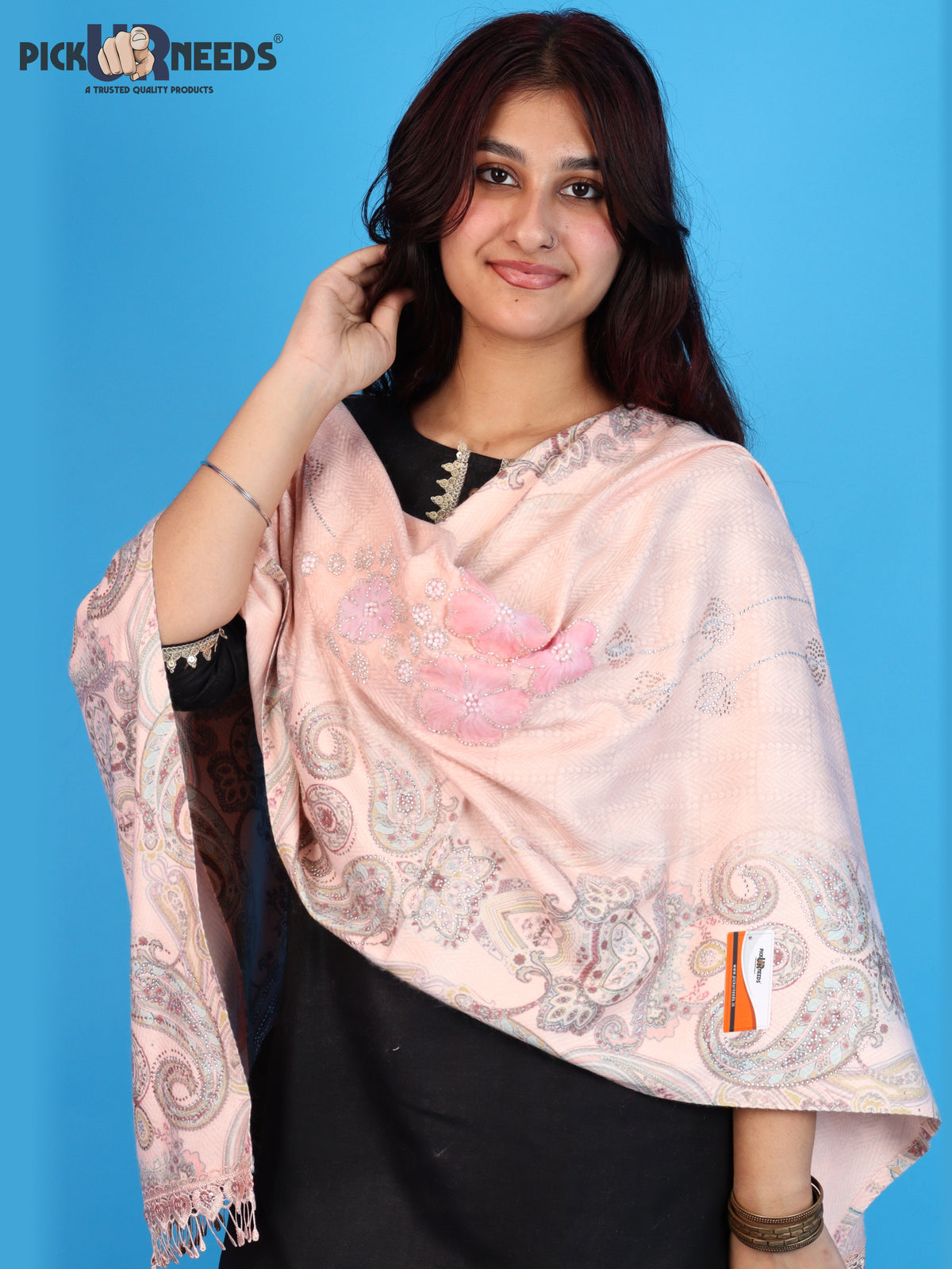 Pick Ur Needs Womens Designer Winter Elegant Floral Embellished Paisley Print Girls Shawl with Decorative Fringe Border