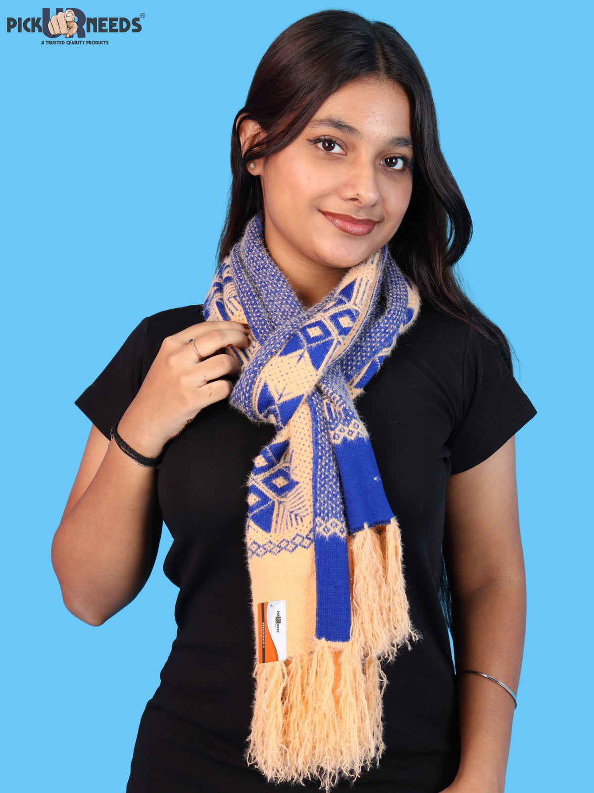 Pick Ur Needs Women & Girls Reversible Knitted Winter Muffler, Soft Warm Woollen Scarf with Geometric Pattern and Tassels, Lightweight Dual-Sided Winter Wrap
