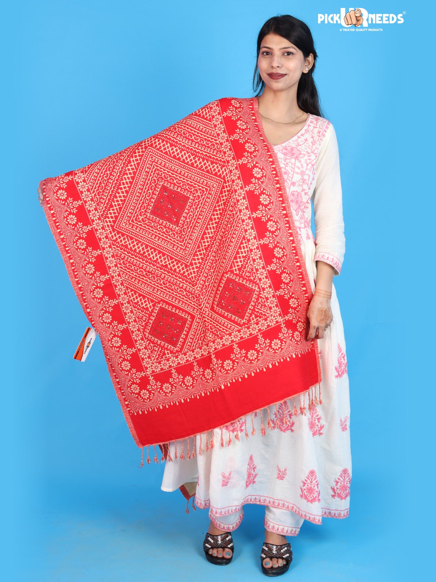 Pick Ur Needs Womens Elegant Embroidered Pattern Shawl Statement Wrap with Artistic Motif Work & Fringe Detailing Girls Stole for Ethnic and Casual Styling