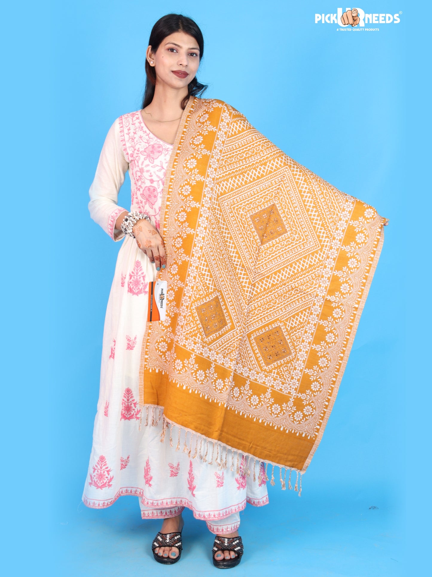 Pick Ur Needs Womens Elegant Embroidered Pattern Shawl Statement Wrap with Artistic Motif Work & Fringe Detailing Girls Stole for Ethnic and Casual Styling