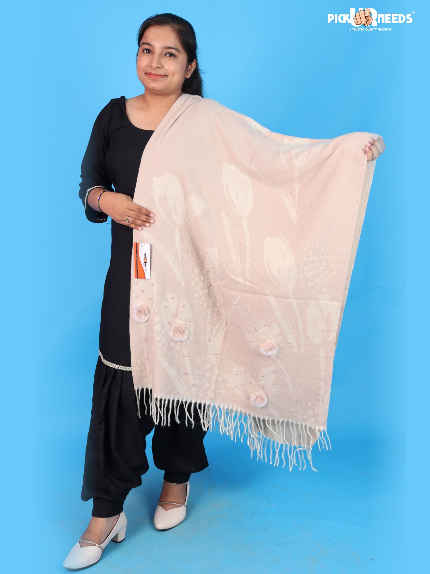 Pick Ur Needs Ladies Premium Printed Winter Shawl with Floral Pattern, Decorative Bead Detailing, Soft Warm Wrap with Fringe Tassels for Women & Girls