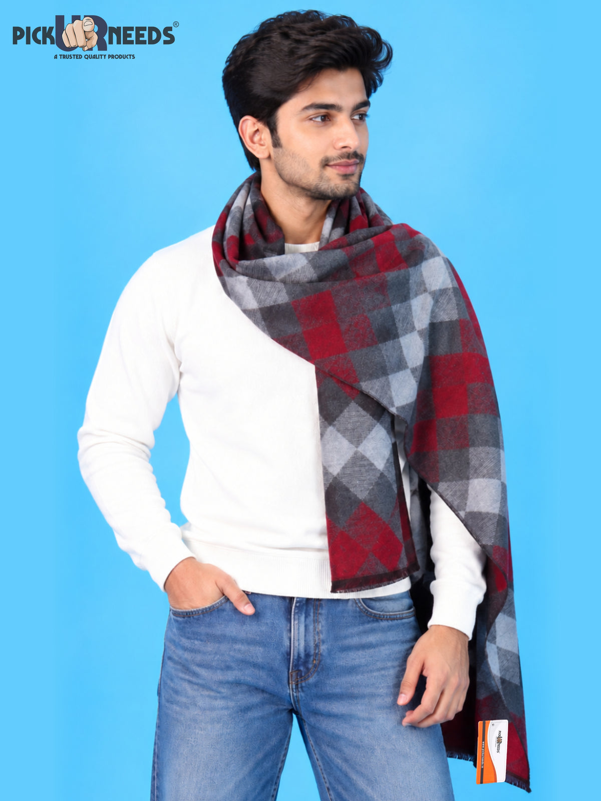 Pick Ur Needs Premium Winter Muffler for Men & Boys Soft & Warm Checkered Design Woolen Style Scarf Stylish Long Neck Wrap for Winter Wear