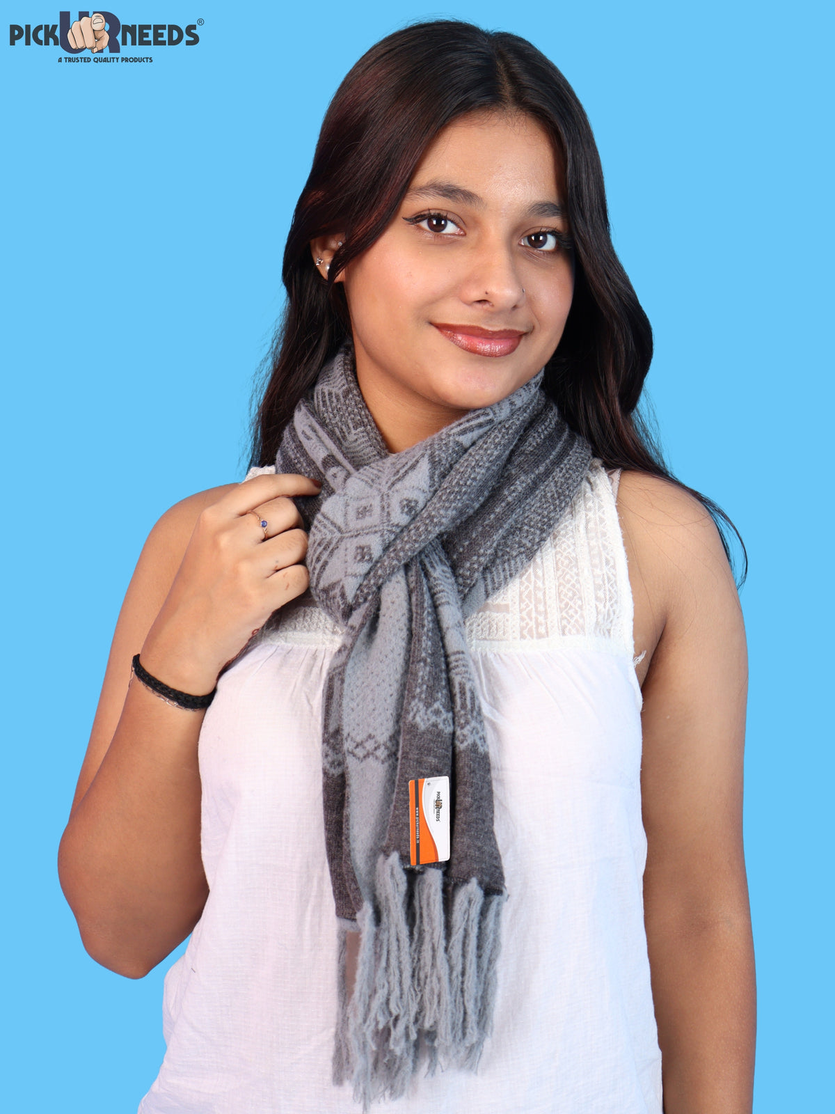 Pick Ur Needs Women & Girls Reversible Knitted Winter Muffler, Soft Warm Woollen Scarf with Geometric Pattern and Tassels, Lightweight Dual-Sided Winter Wrap