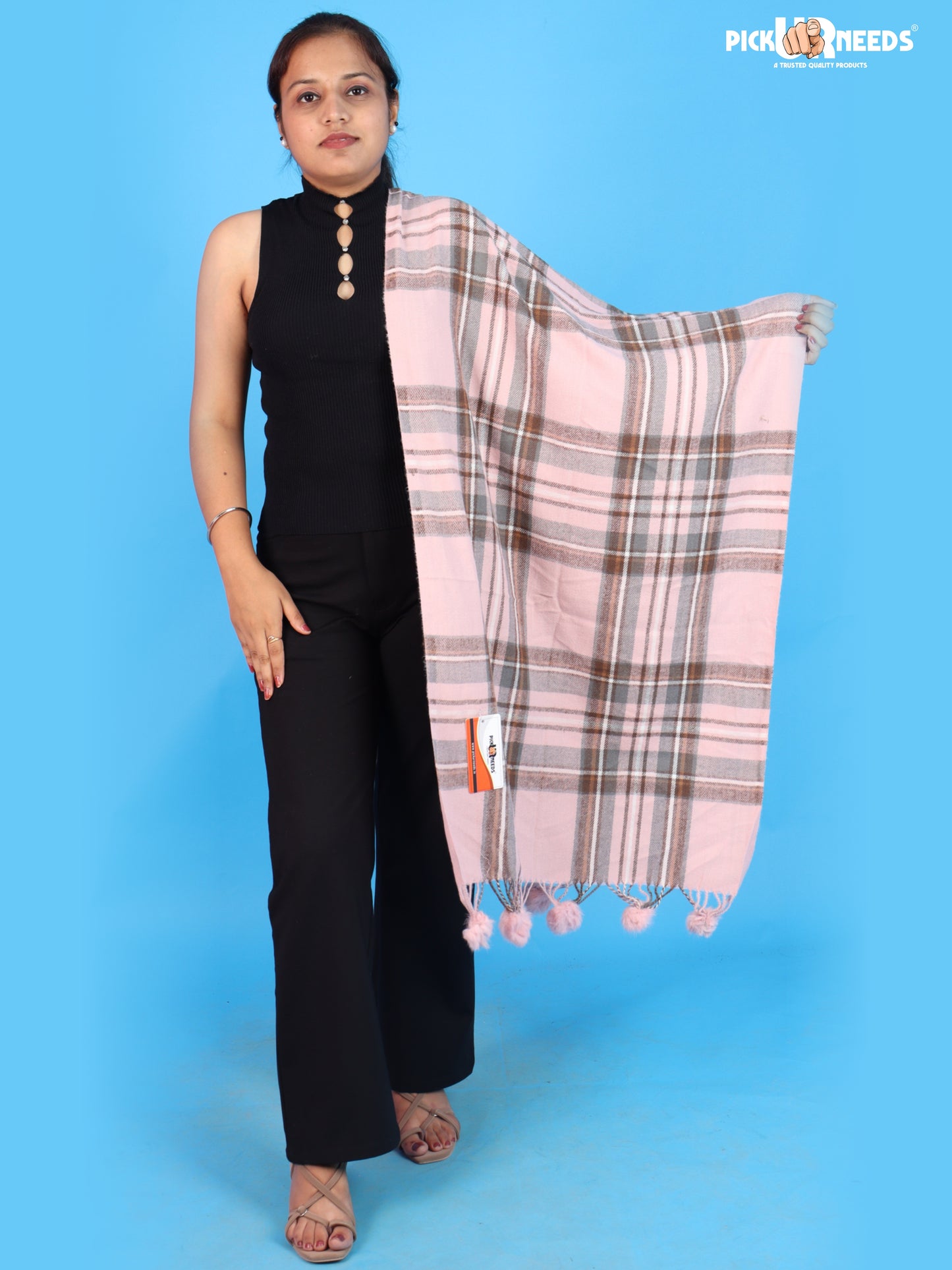 Pick Ur Needs Premium Womens Fashion Stole with Contemporary Check Weave, Decorative Fur Pom Tassels & Multi-Style Winter Wrap Shawl