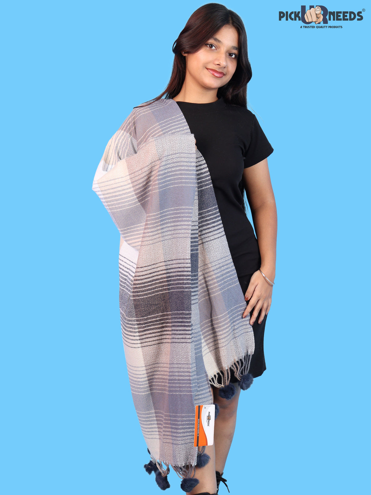 Pick Ur Needs Women & Girls Winter Shawl Soft Warm Striped Pattern Shawl with Tassel & Pom Pom Border Stylish Ladies Winter Wrap