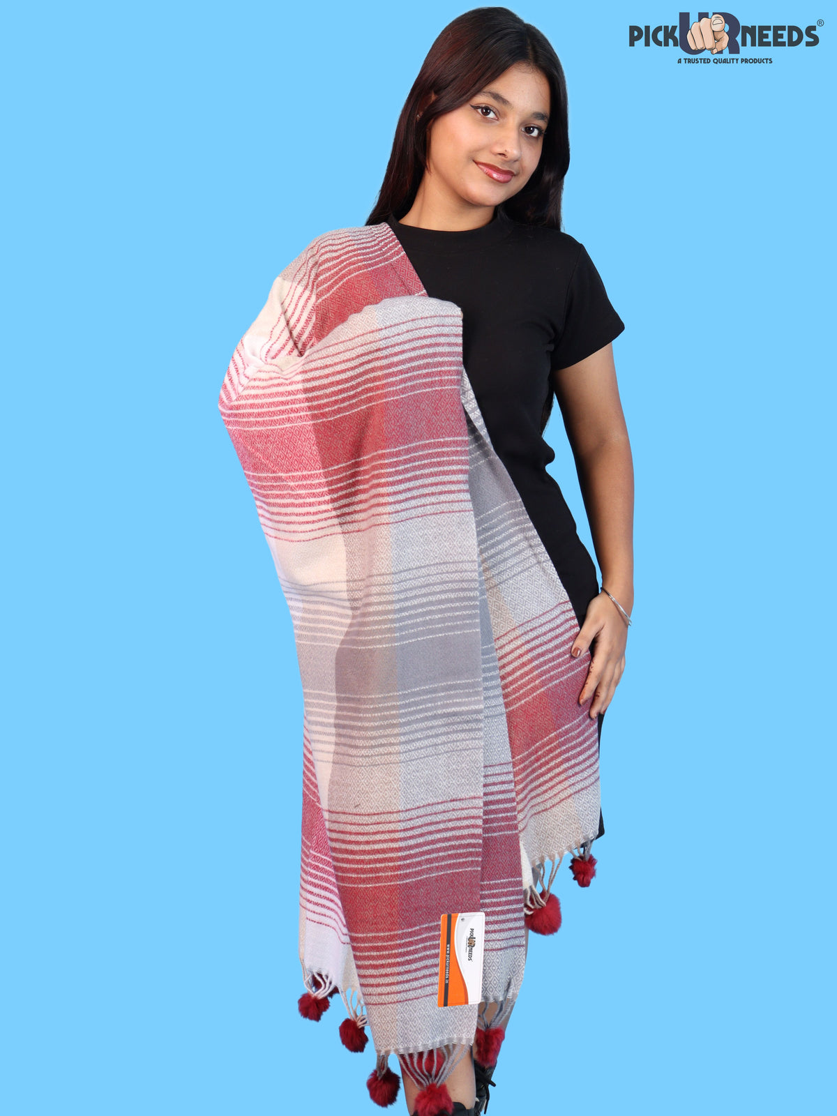 Pick Ur Needs Women & Girls Winter Shawl Soft Warm Striped Pattern Shawl with Tassel & Pom Pom Border Stylish Ladies Winter Wrap