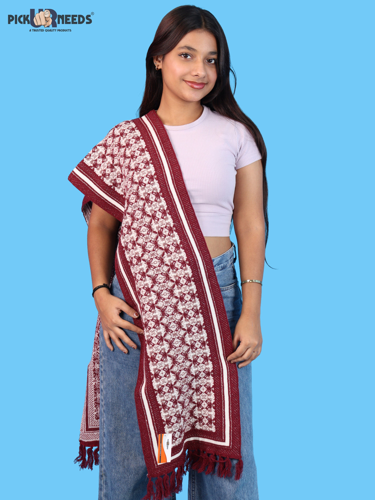 Pick Ur Needs Womens & Girls Super Soft Knitted Woolen Muffler Warm Winter Neck Scarf with Elegant Printed Design & Tassels