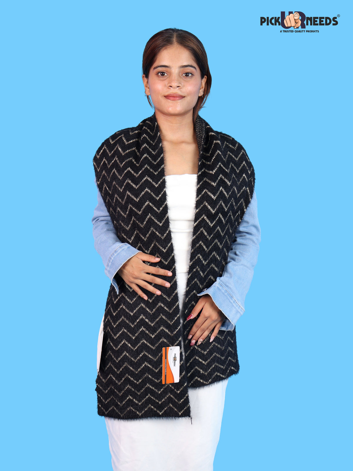 Pick Ur Needs Premium Woolen Winter Muffler with Gold Zigzag Pattern | Soft, Warm & Stylish Scarf for Women