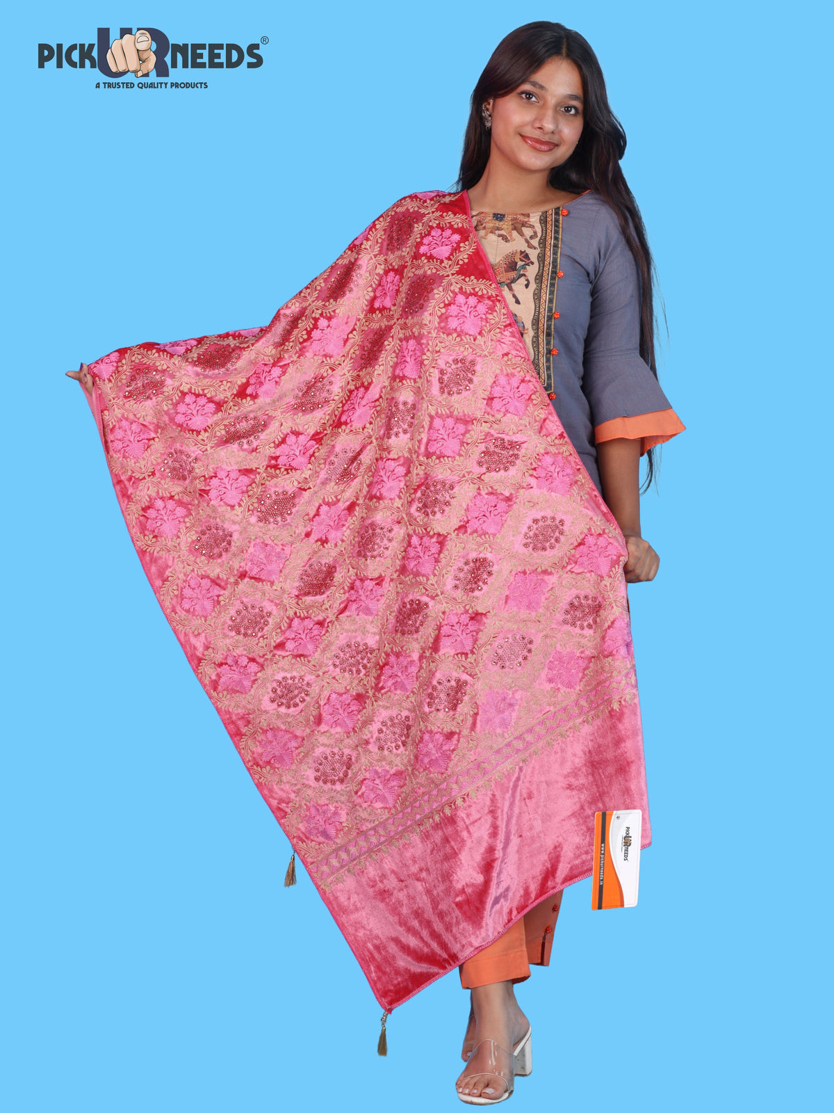 Pick Ur Needs Womens Velvet Woolen Girls Shawl with Elegant Embroidered Design, Warm Winter Wrap for Wedding Parties, Festive Occasions