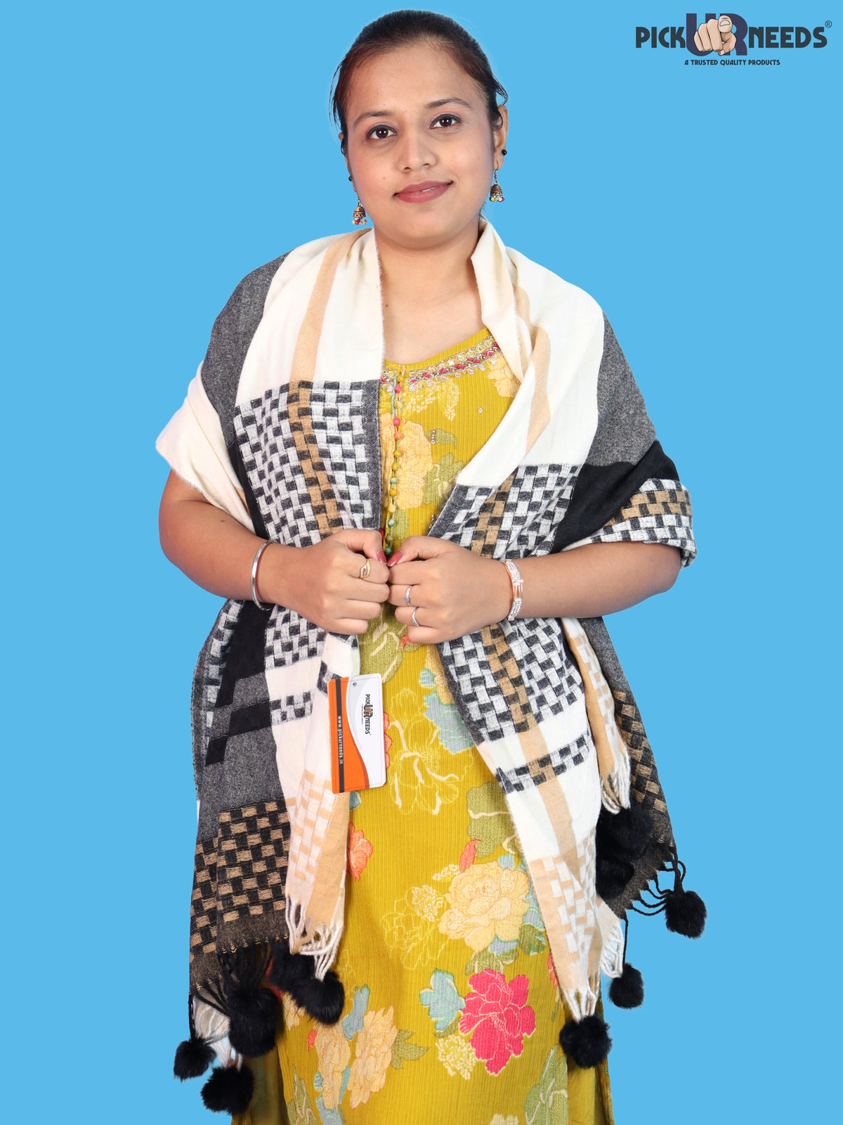 Pick Ur Needs Women Designer Winter Shawl with Geometric Checkered Pattern Shoulder Wrap with Tassels Stylish Stole for Girls Party, Casual & Ethnic Wear