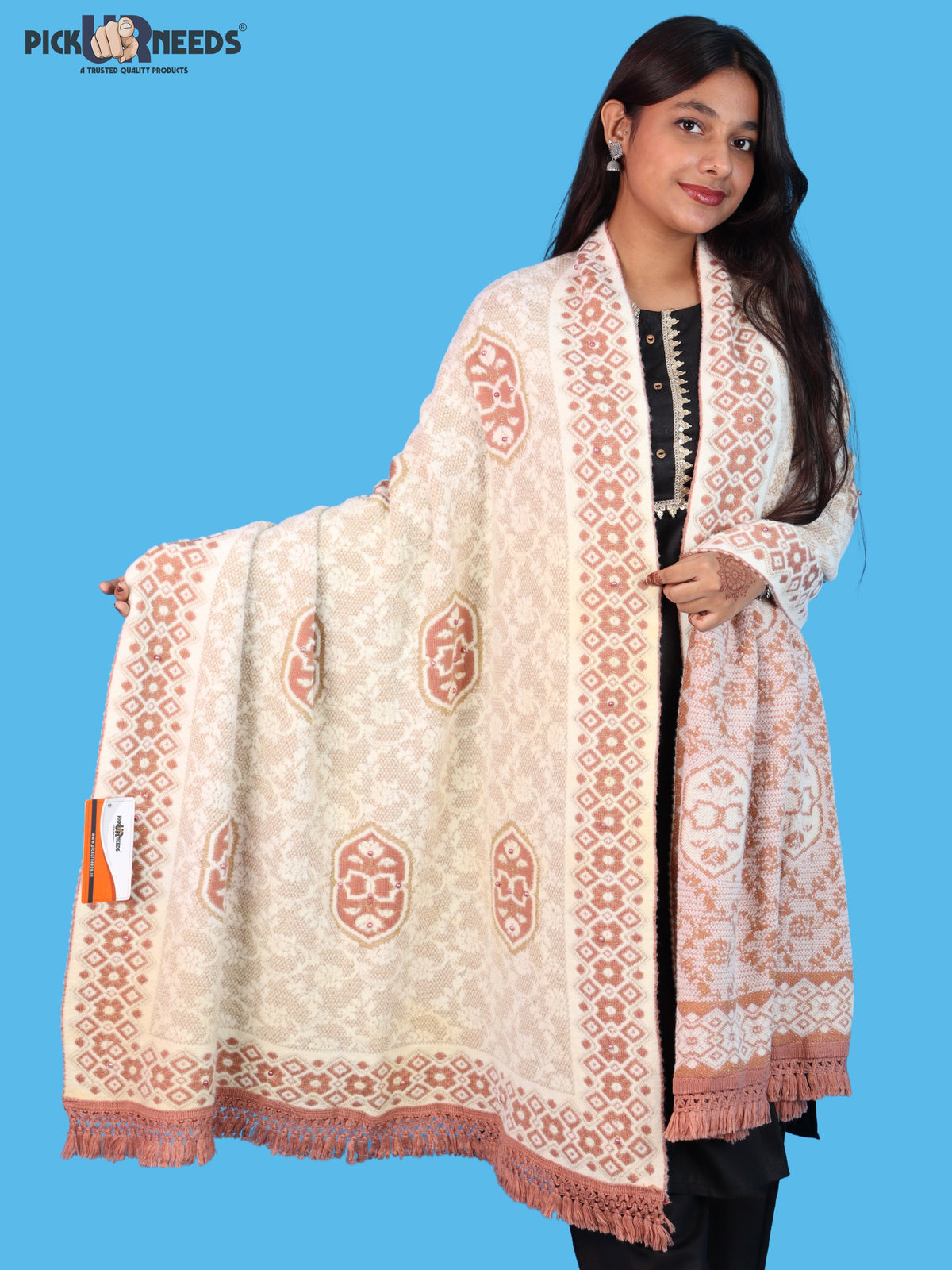 Pick Ur Needs Printed Women’s Woolen Shawl with Elegant Floral Pattern & Fur Border