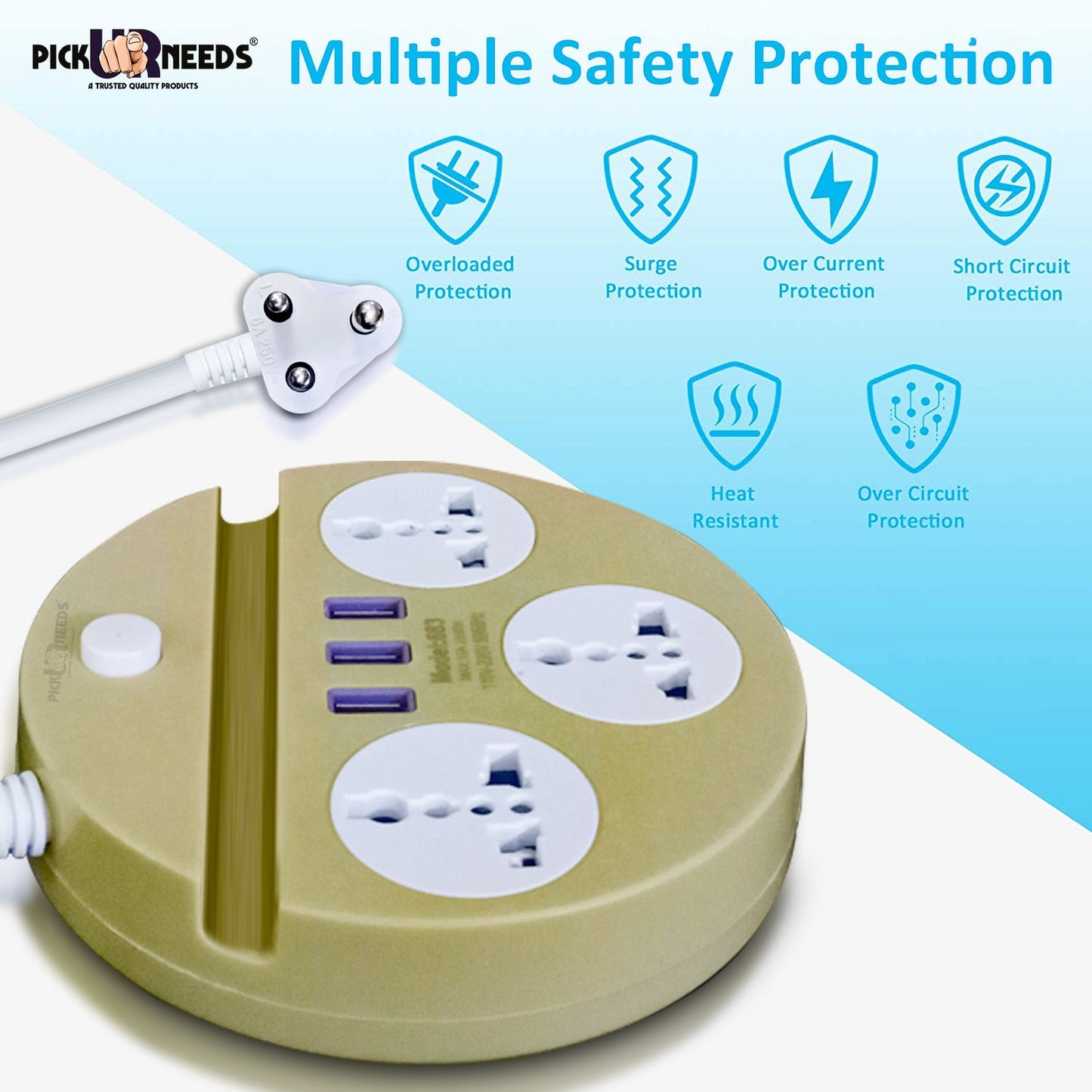Pick Ur Needs Extension Cord Board with 3 USB Charging Ports and 3 Socket -10 Amp Heavy Duty for Multiple Devices Smartphone Tablet Laptop