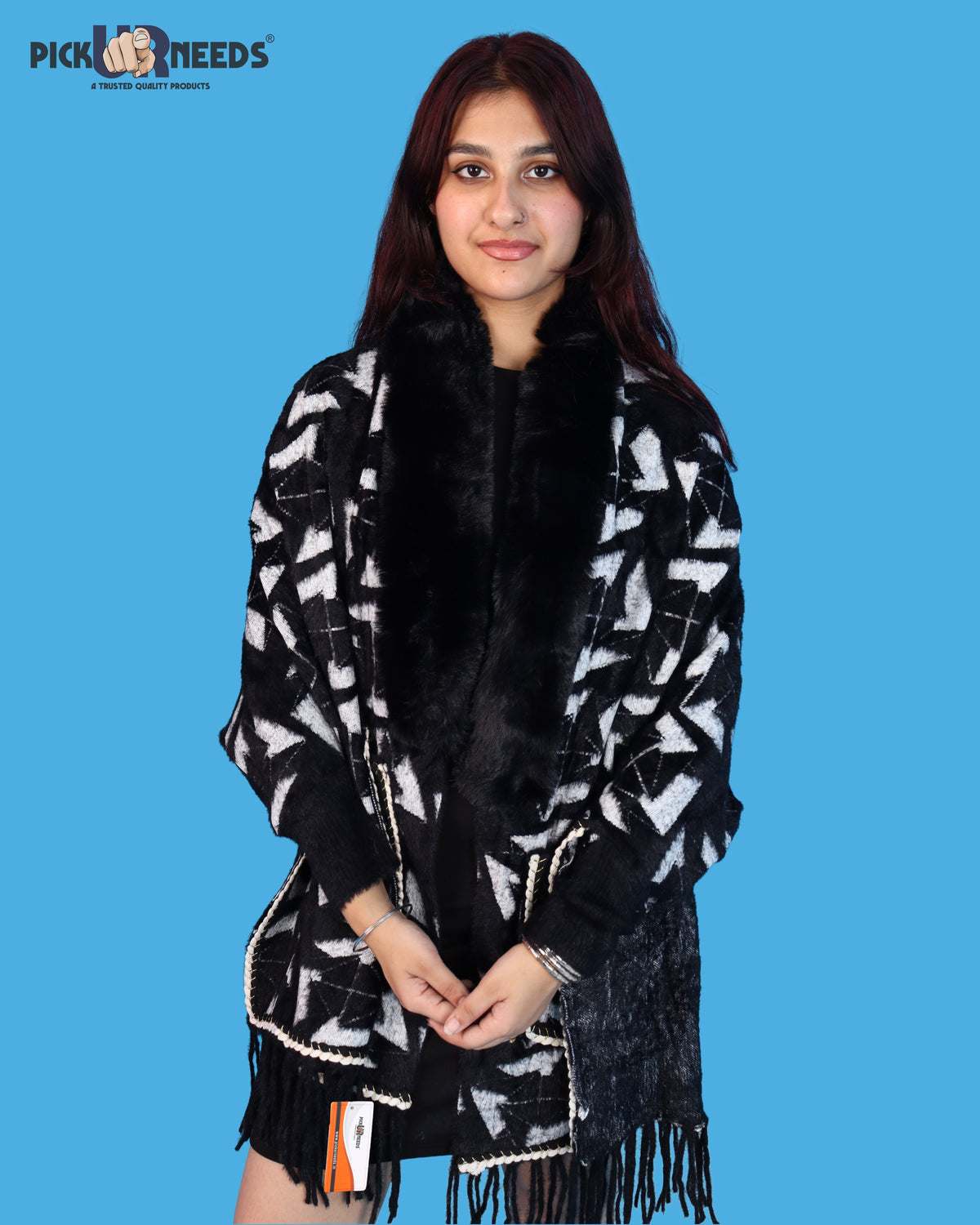 Pick Ur Needs Womens Warm Woolen Girls Shawl with Fur Collar, Elegant Printed Winter Wrap with Decorative Border & Tassel, Stylish Shoulder Stole for Wedding Party