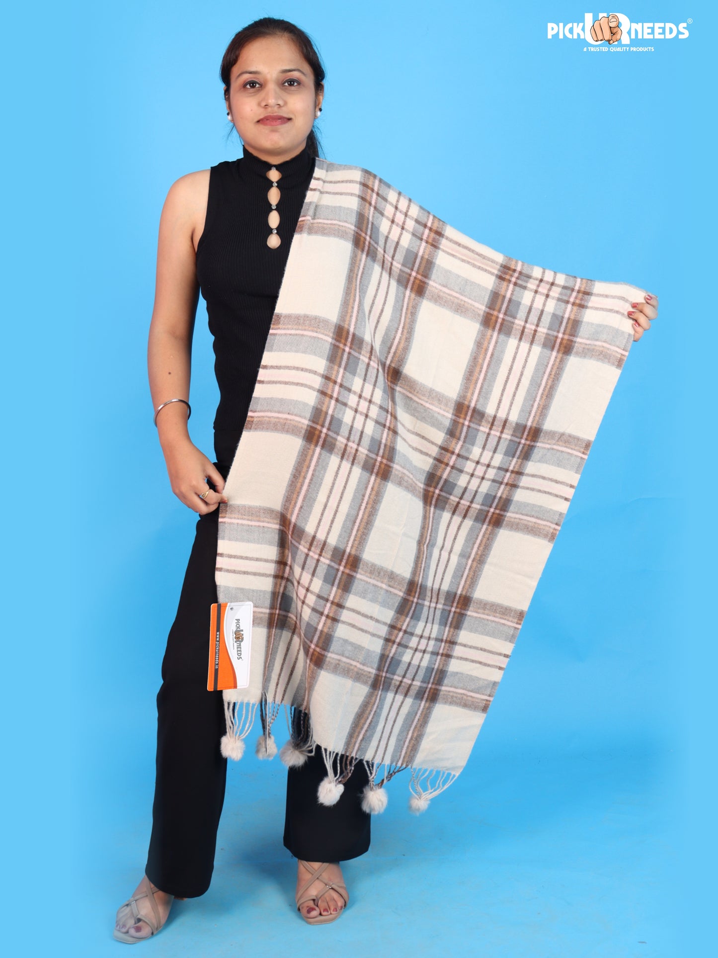 Pick Ur Needs Premium Womens Fashion Stole with Contemporary Check Weave, Decorative Fur Pom Tassels & Multi-Style Winter Wrap Shawl