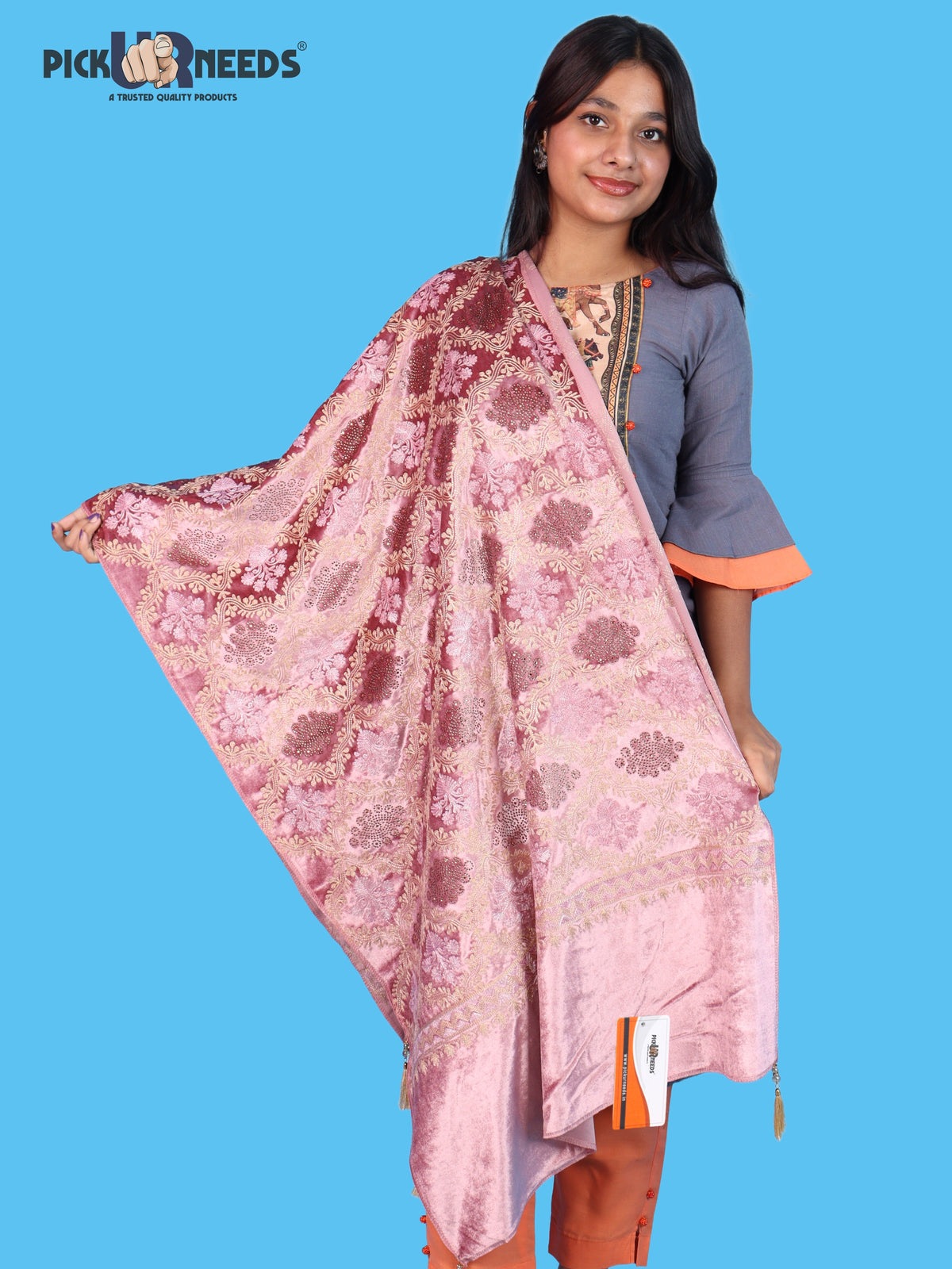 Pick Ur Needs Womens Velvet Woolen Girls Shawl with Elegant Embroidered Design, Warm Winter Wrap for Wedding Parties, Festive Occasions