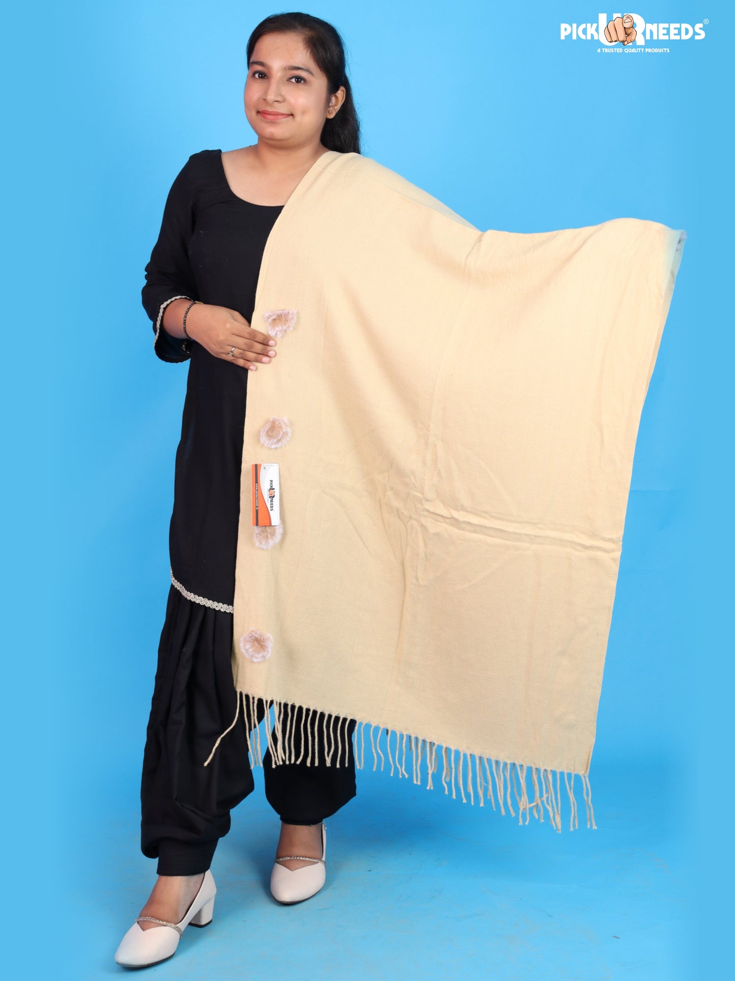 Pick Ur Needs Women Girls Winter Shawl with Pom Pom Detailing & Fringed Edges Lightweight Stole Fashion Wrap