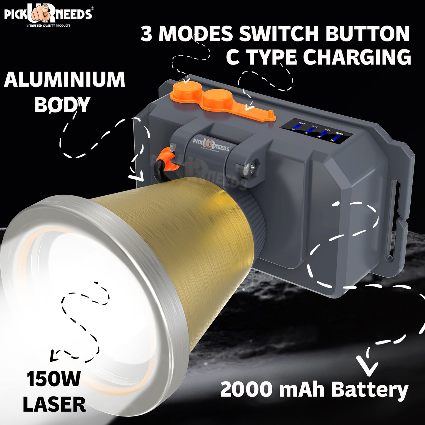 Pick Ur Needs Chargeable Head Lamp 3 Blink Mode Aluminum Body 2000mAh Battery 150W Bright LED 3 hrs Torch Emergency Light