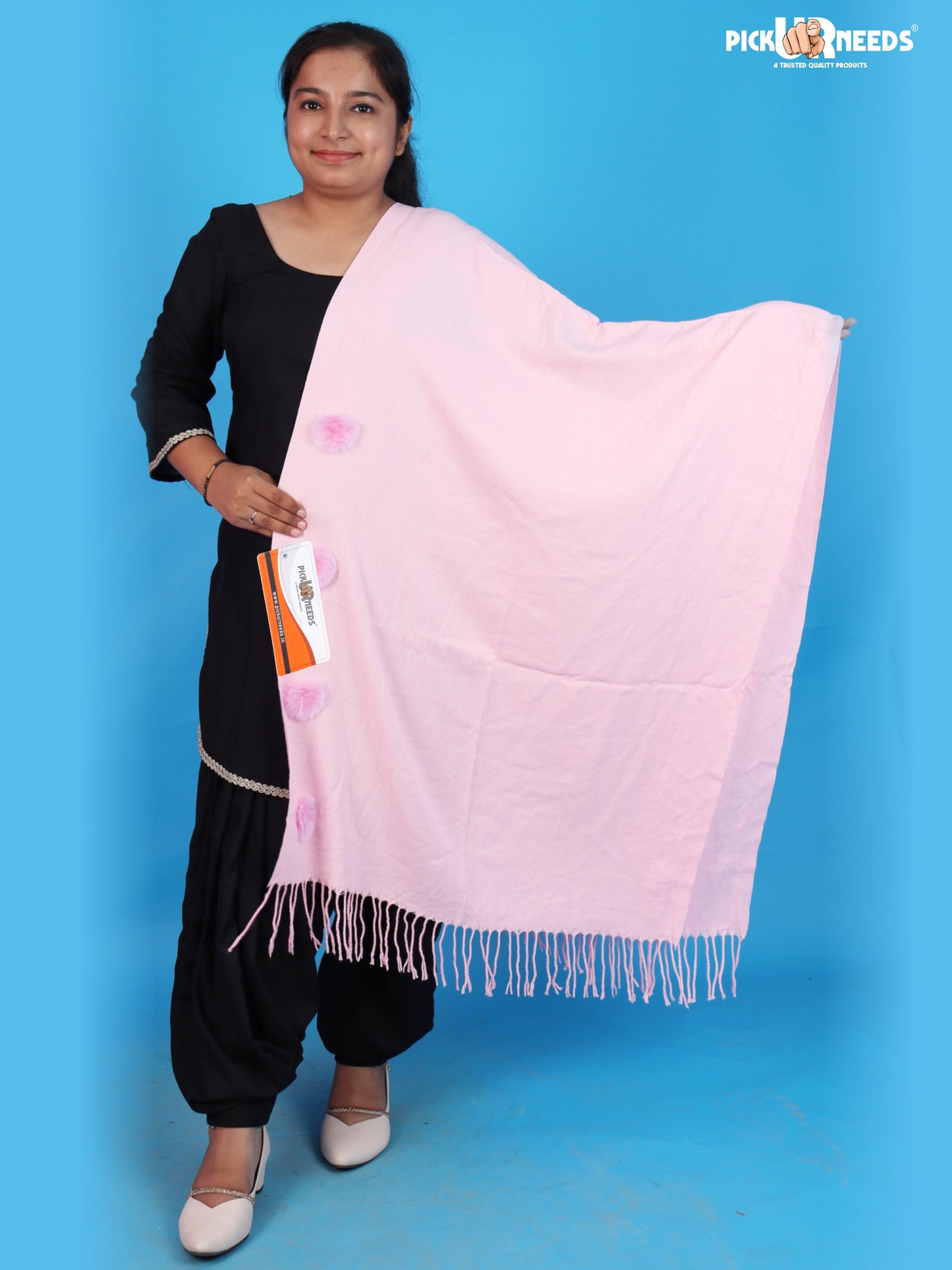 Pick Ur Needs Women Girls Winter Shawl with Pom Pom Detailing & Fringed Edges Lightweight Stole Fashion Wrap