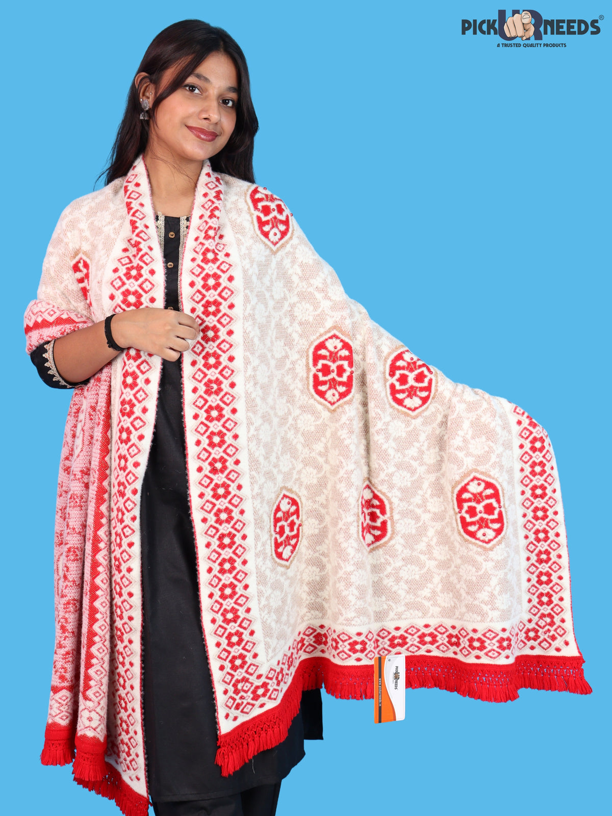Pick Ur Needs Printed Women’s Woolen Shawl with Elegant Floral Pattern & Fur Border