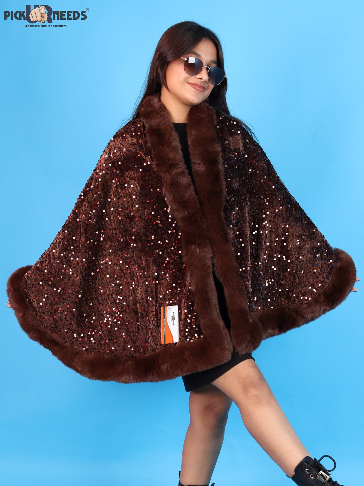 Pick Ur Needs Luxury Shrug for Women Sequin Outerwear with Soft Fur Collar Shawl Evening Wrap Poncho