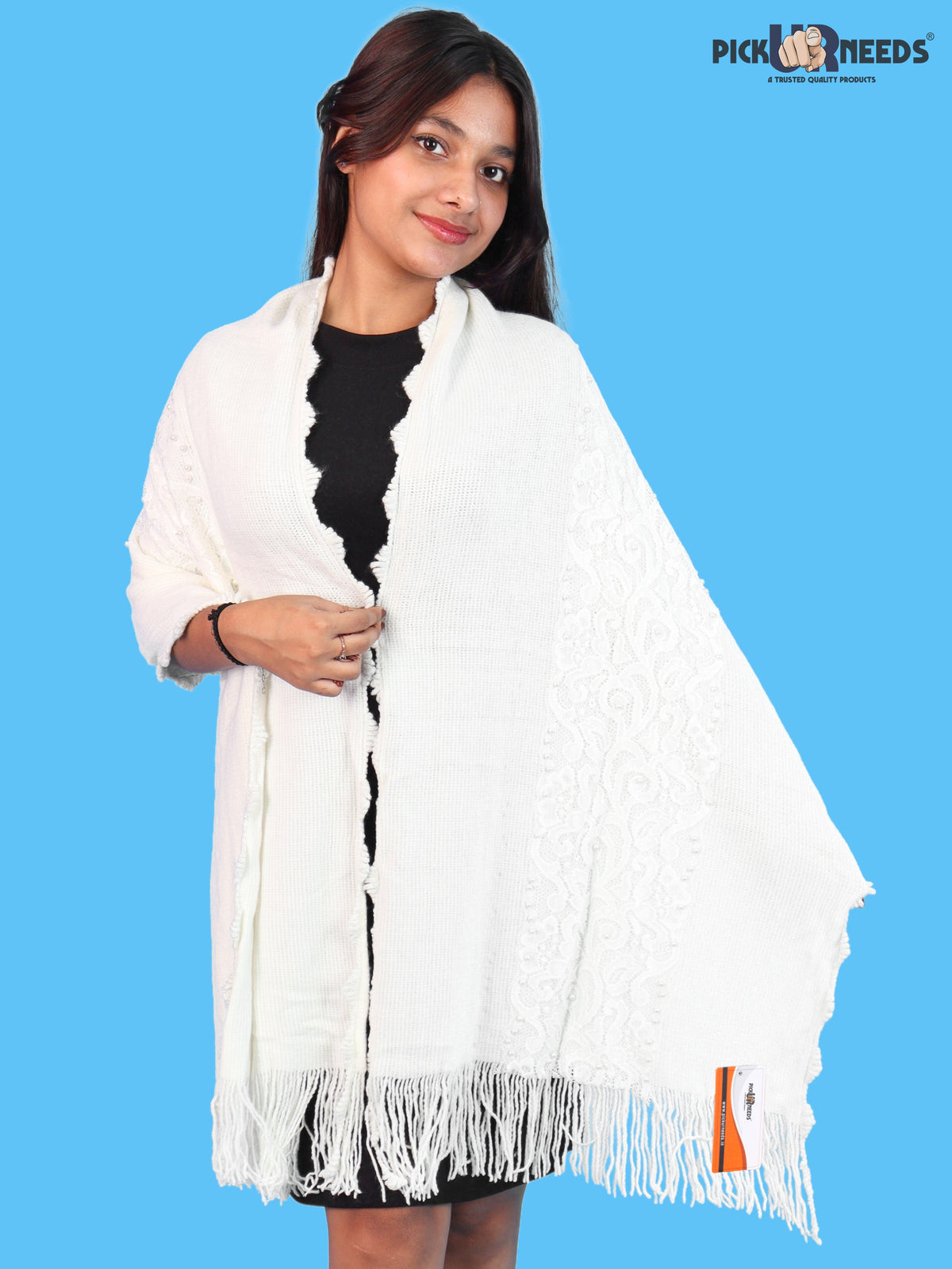 Pick Ur Needs Girls & Womens Shawl with Embroidered Lace Work, Bead Detailing and Fringe Tassels, Elegant Woollen Winter Stole