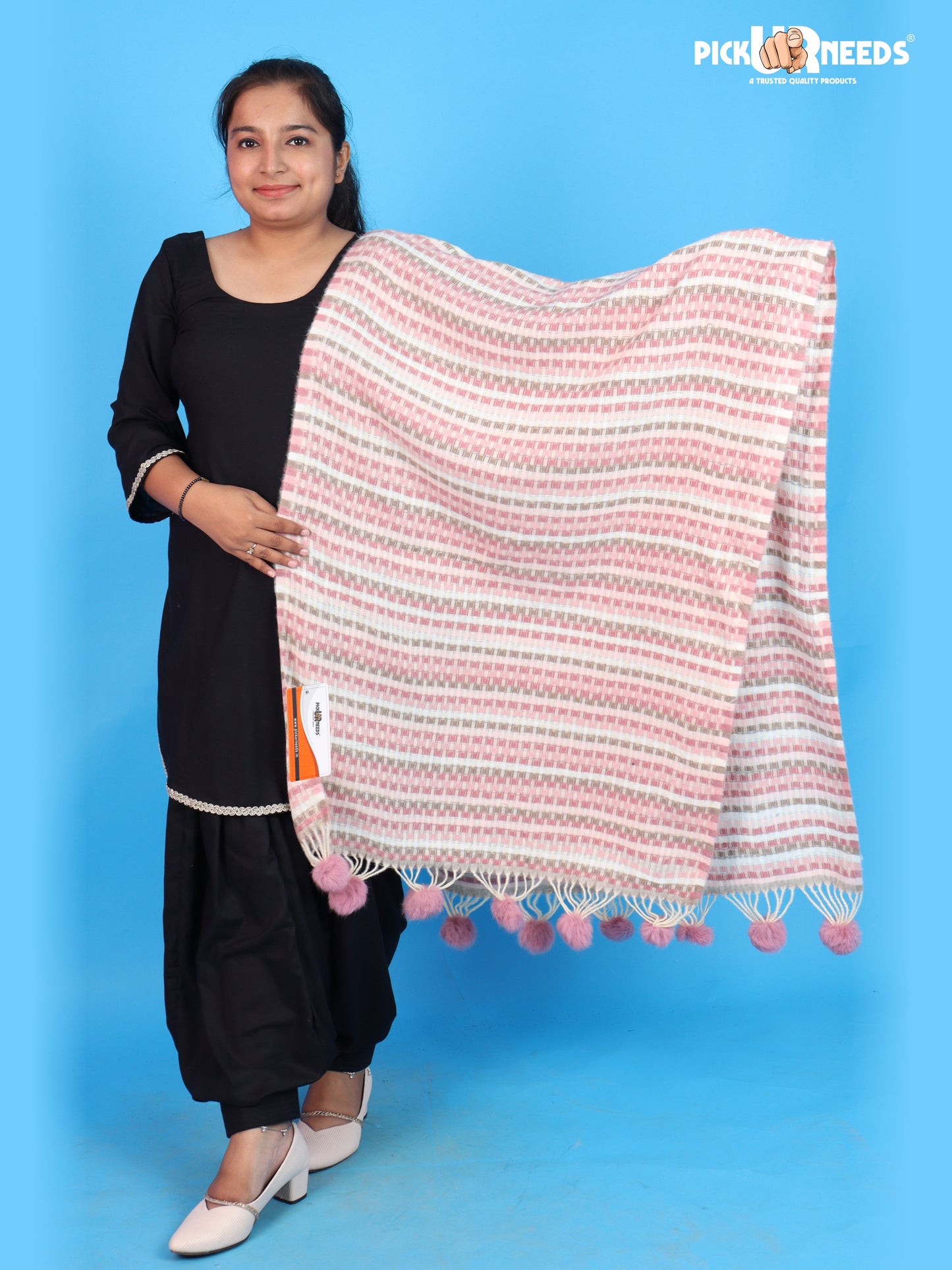 Pick Ur Needs Girls Designer Winter Shawl with Stylish Striped Pattern Textured Shoulder Wrap with Pom Pom Tassels Elegant Stole for Women Party, Casual & Ethnic Wear