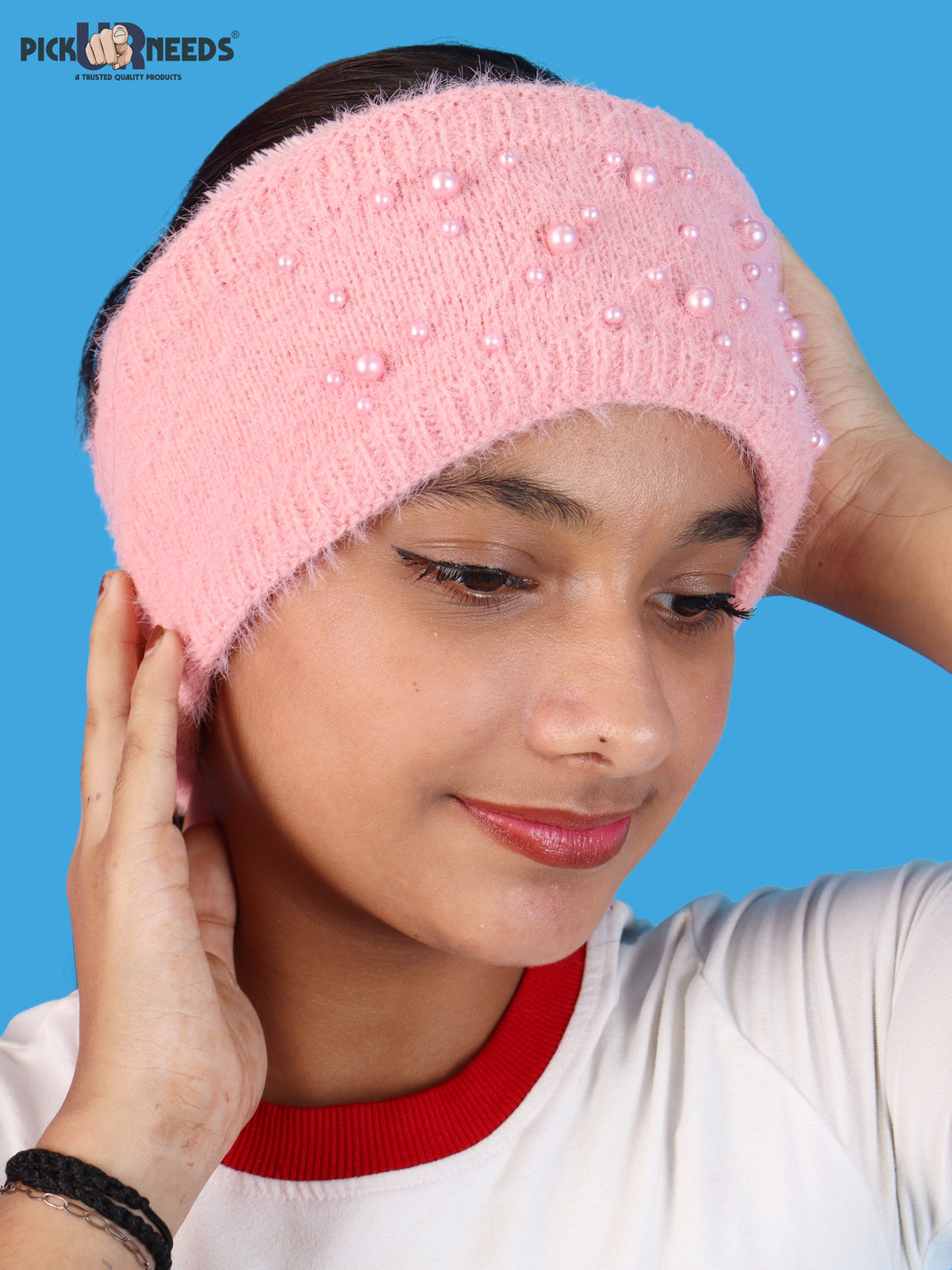 Pick Ur Needs Womens & Girls Soft Woolen Headband with Elegant Pearl Design Warm Stretchable Winter Ear Warmer Kanpatti.