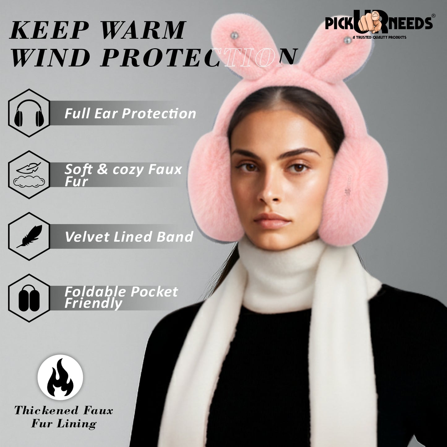 Pick Ur Needs Plush Earmuffs for Women & Girls with Stone Detail – Foldable Ultra-Soft Ear Warmers, Lightweight Winter Ear Muffs, Warm & Comfortable Cold Weather Accessory