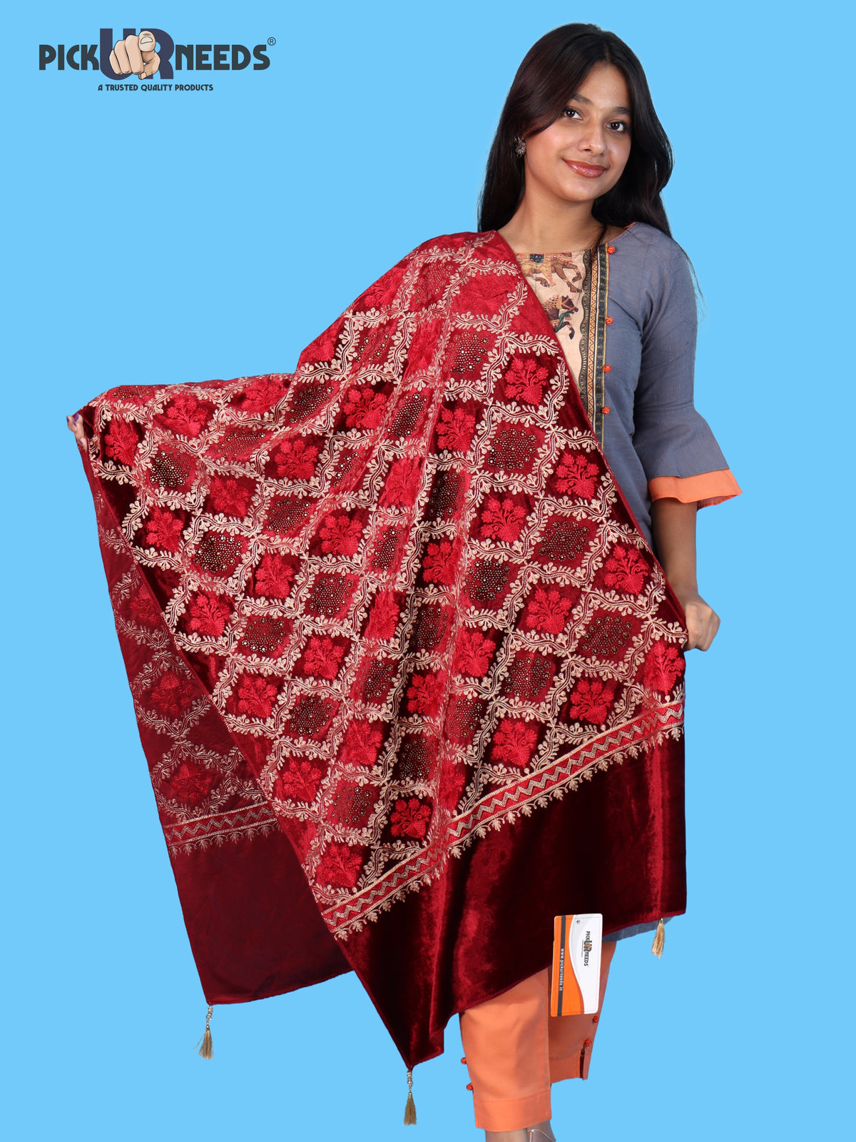 Pick Ur Needs Womens Velvet Woolen Girls Shawl with Elegant Embroidered Design, Warm Winter Wrap for Wedding Parties, Festive Occasions
