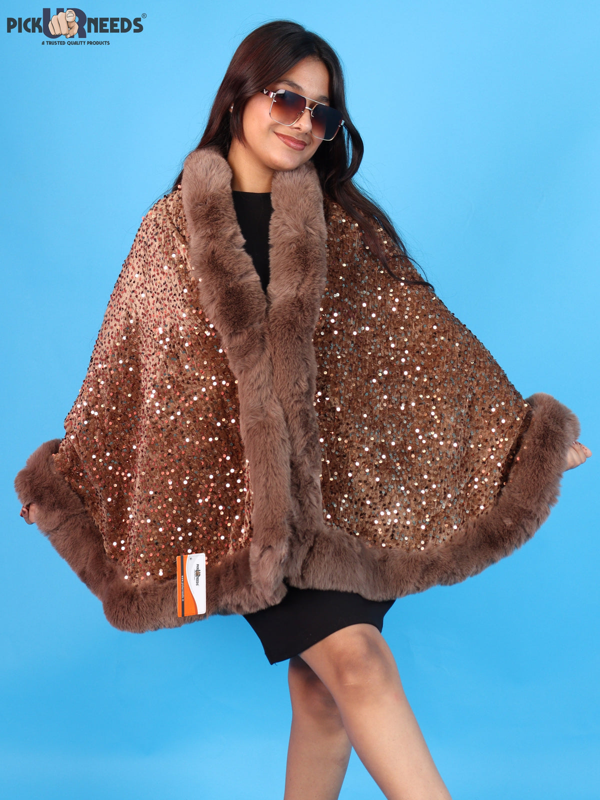 Pick Ur Needs Luxury Shrug for Women Sequin Outerwear with Soft Fur Collar Shawl Evening Wrap Poncho