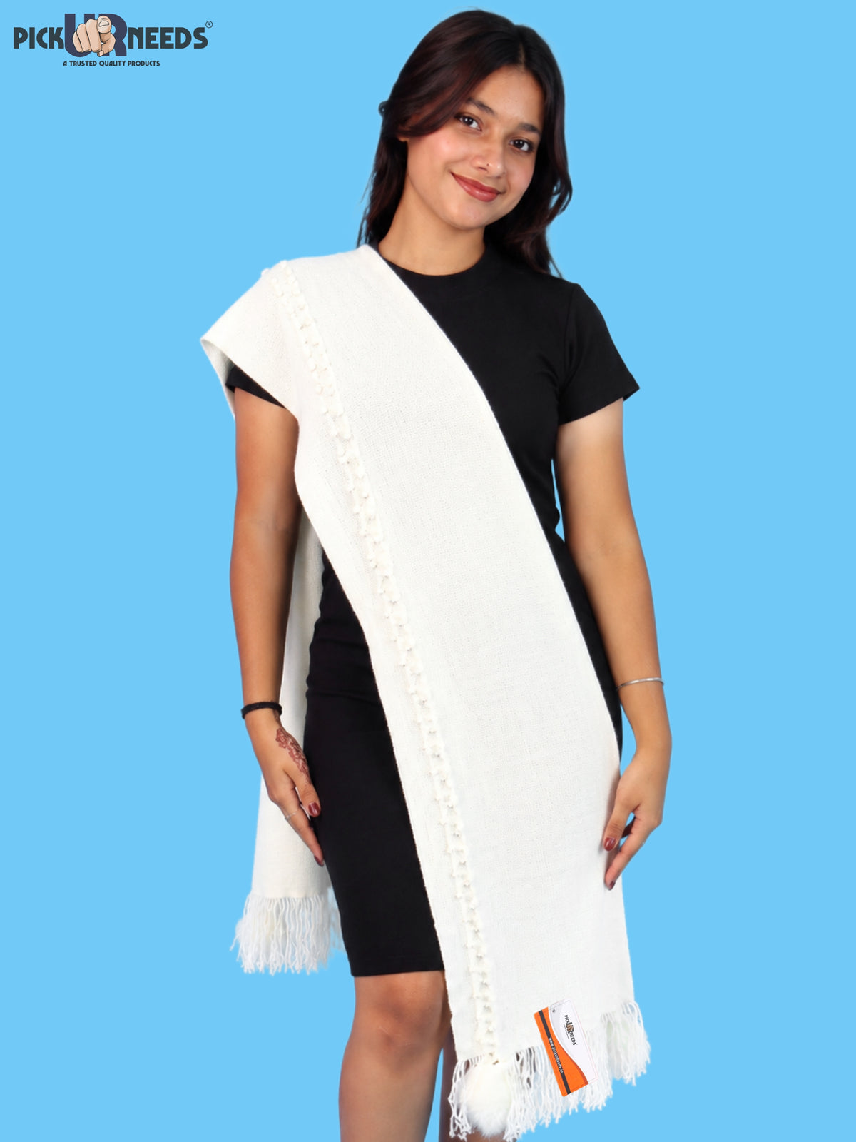 Pick Ur Needs Women & Girls Elegant Woolen Shawl with Beaded Border & Fringed Ends, Soft Warm Lightweight Winter Wrap Stole