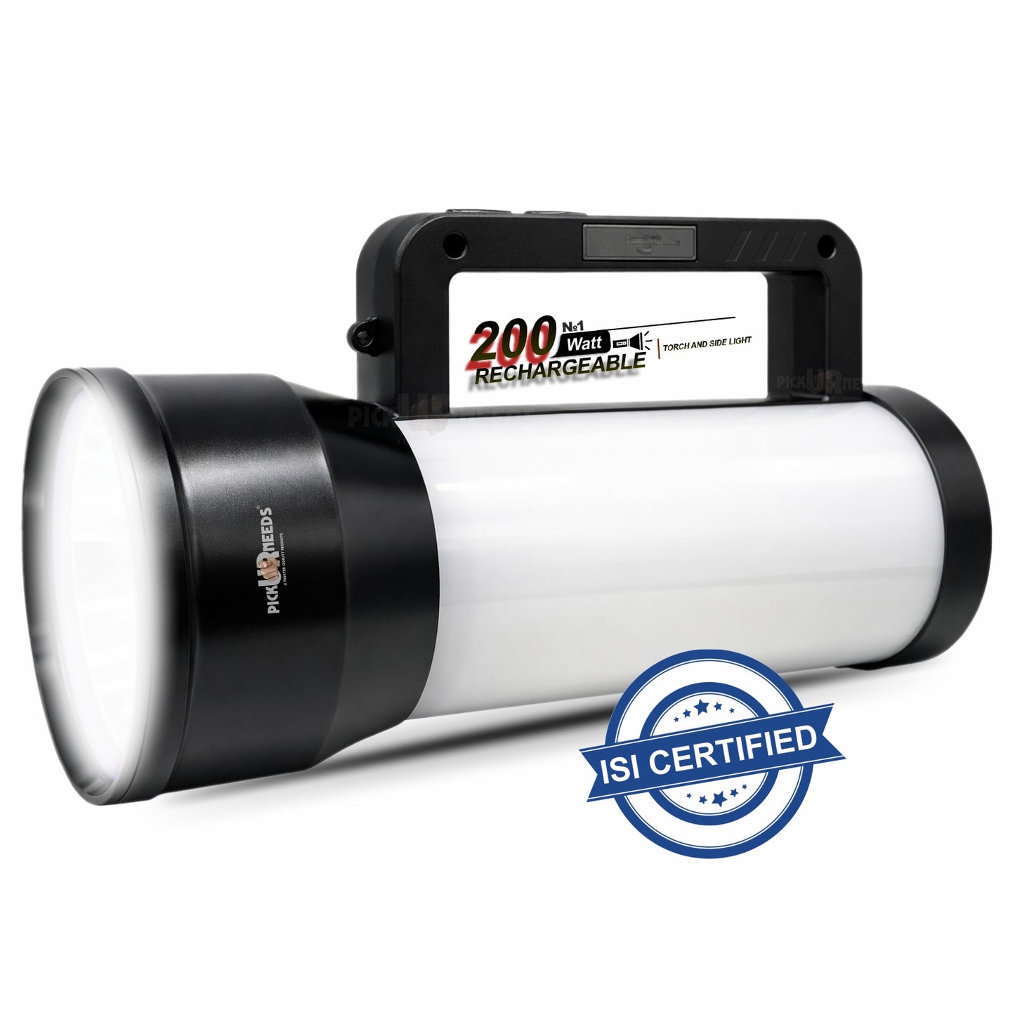 Pick Ur Needs 200W Rechargeable Emergency LED Long Range Distance Search Torch Light with 3600mAh Battery, Type-C Fast Charging Dual Mode Front & Side Light