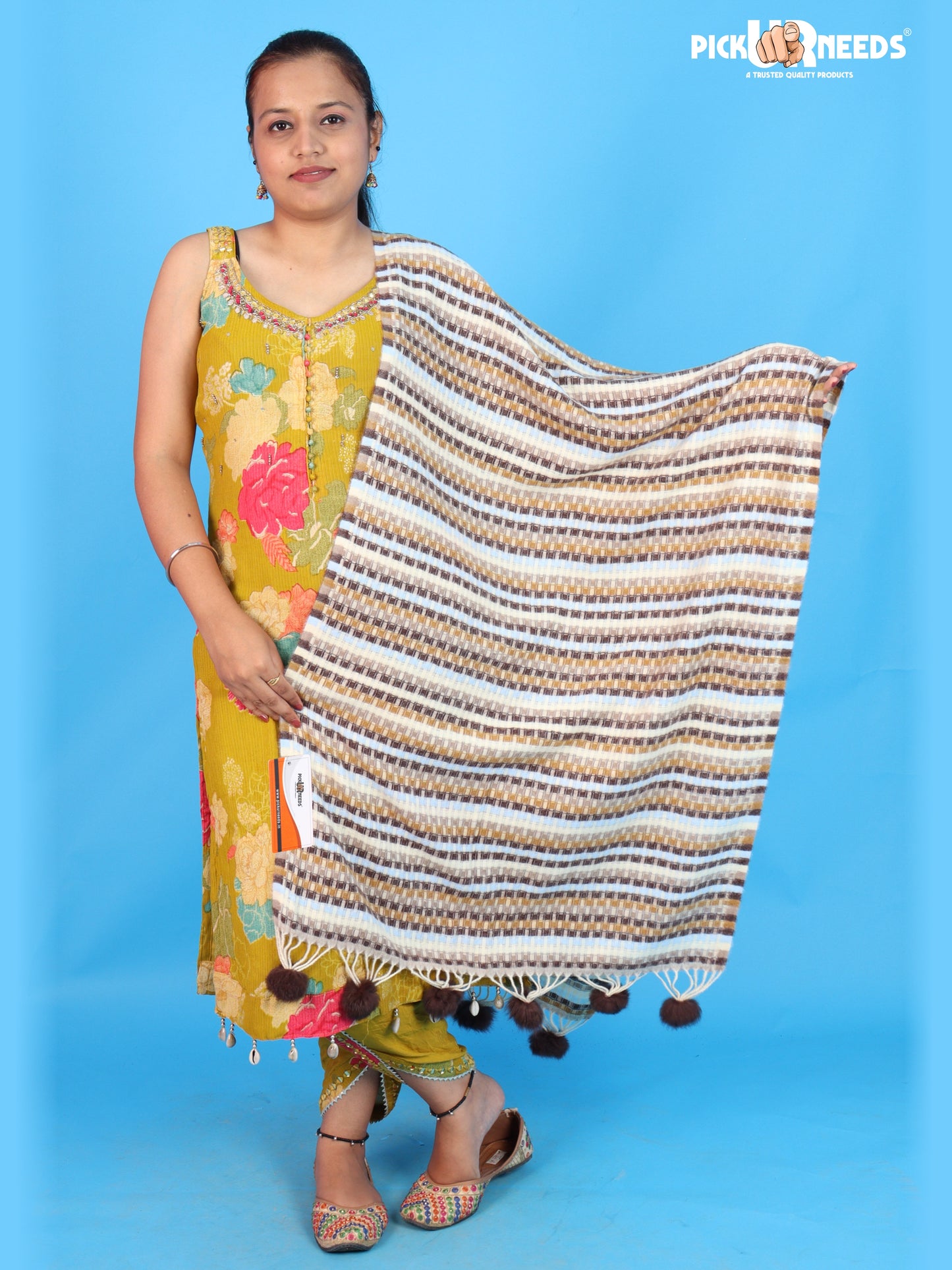 Pick Ur Needs Girls Designer Winter Shawl with Stylish Striped Pattern Textured Shoulder Wrap with Pom Pom Tassels Elegant Stole for Women Party, Casual & Ethnic Wear
