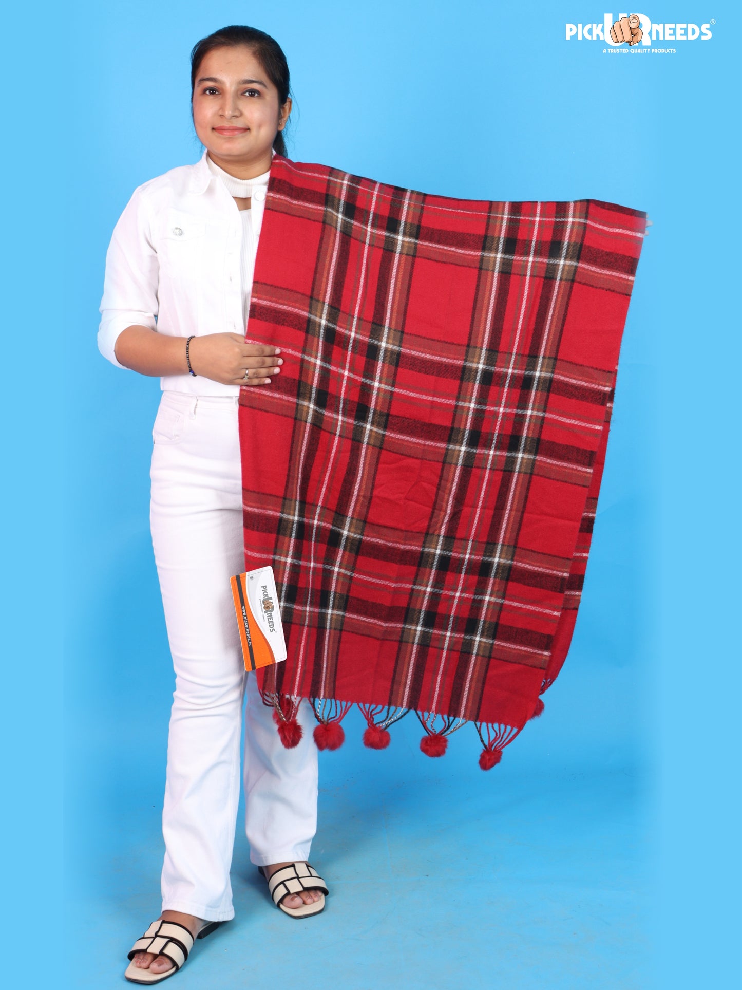 Pick Ur Needs Premium Womens Fashion Stole with Contemporary Check Weave, Decorative Fur Pom Tassels & Multi-Style Winter Wrap Shawl