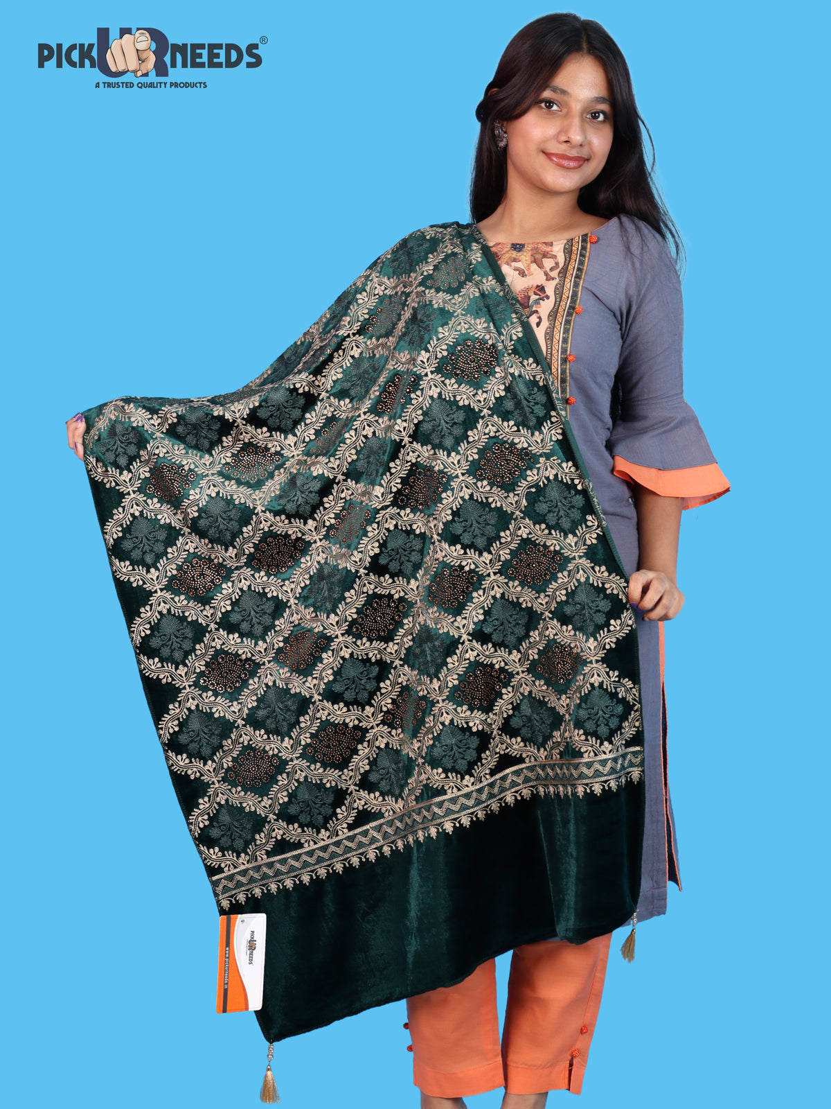 Pick Ur Needs Womens Velvet Woolen Girls Shawl with Elegant Embroidered Design, Warm Winter Wrap for Wedding Parties, Festive Occasions